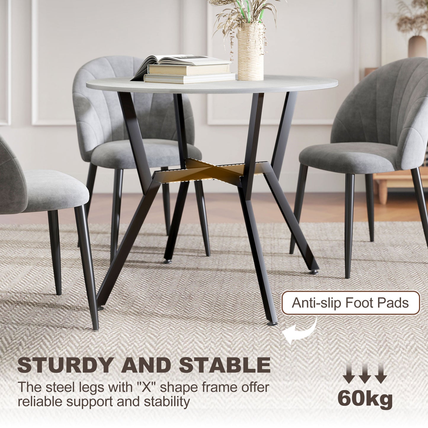 HOMCOM Round Dining Table 90 x 76 cm Grey with Black Metal Legs Anti Slip Foot Pads for Living Room and Dining Room