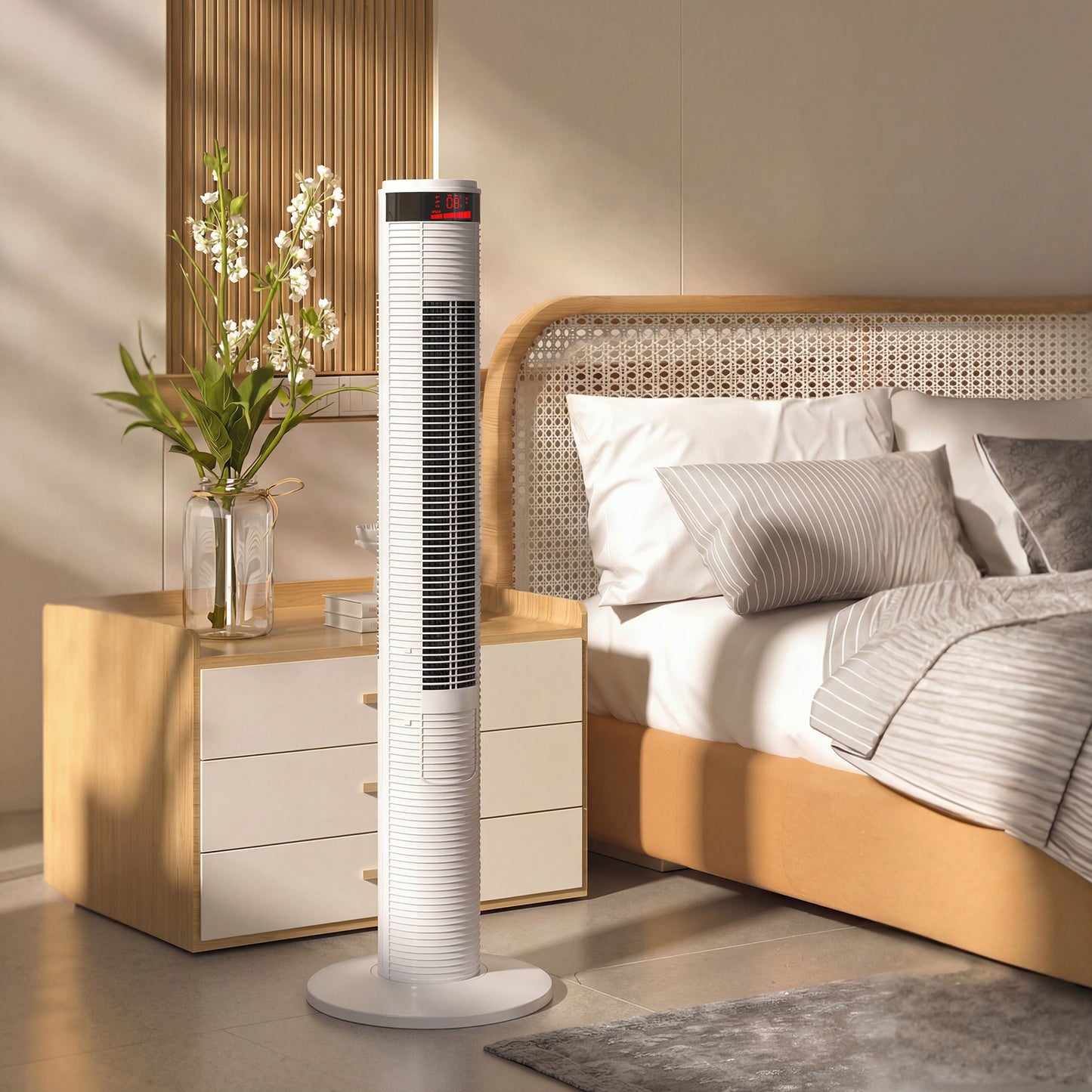 HOMCOM Oscillating Tower Fan with Remote Control, 3 Speed Settings and 4 Wind Modes, White
