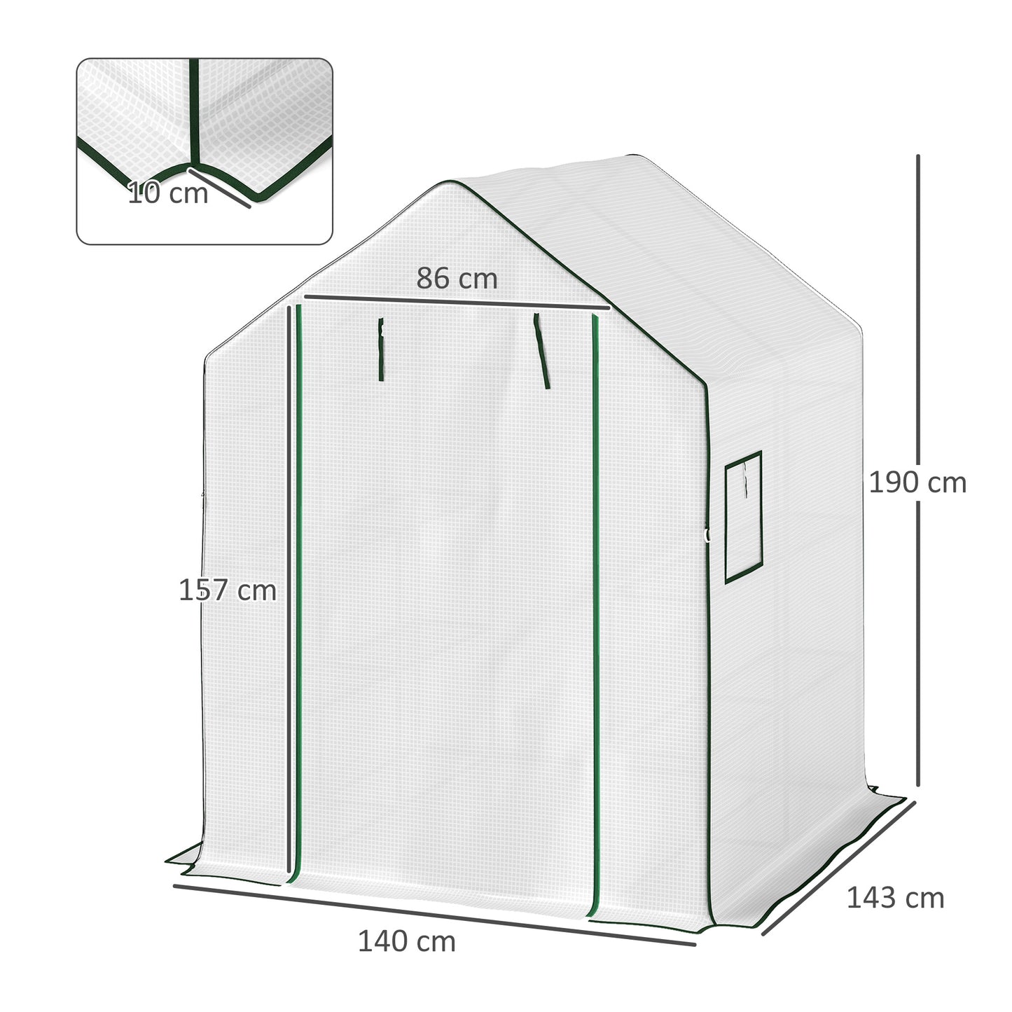Outsunny Walk In Plastic Greenhouse 143x140 cm With Four Shelves On Each Side Roll Up Door UV Resistant Cover White