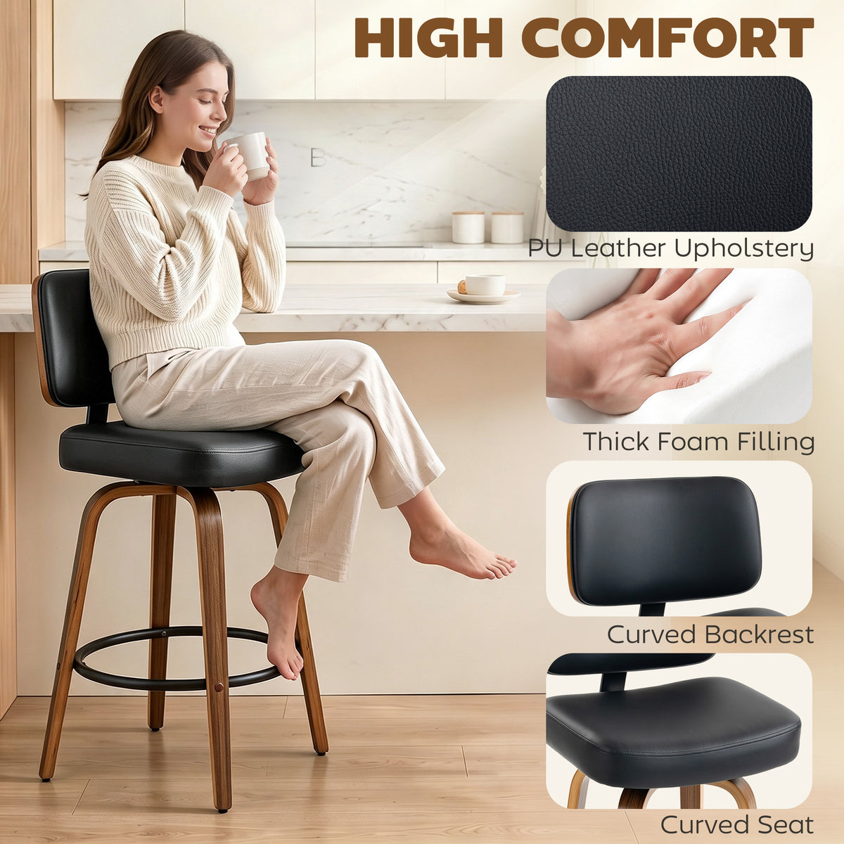 HOMCOM Swivel Bar Stools Set of 2 Padded PU Seats with Backrest and Footrest