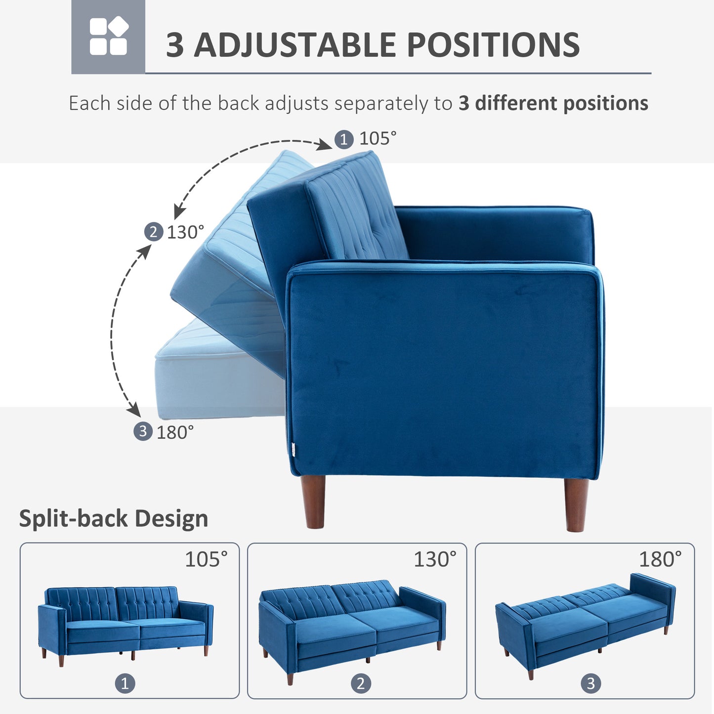 HOMCOM Stylish Convertible Sofa Bed with Velvet Finish and Adjustable Backrest, Compact Loveseat in Blue - ALL4U RETAILER LTD