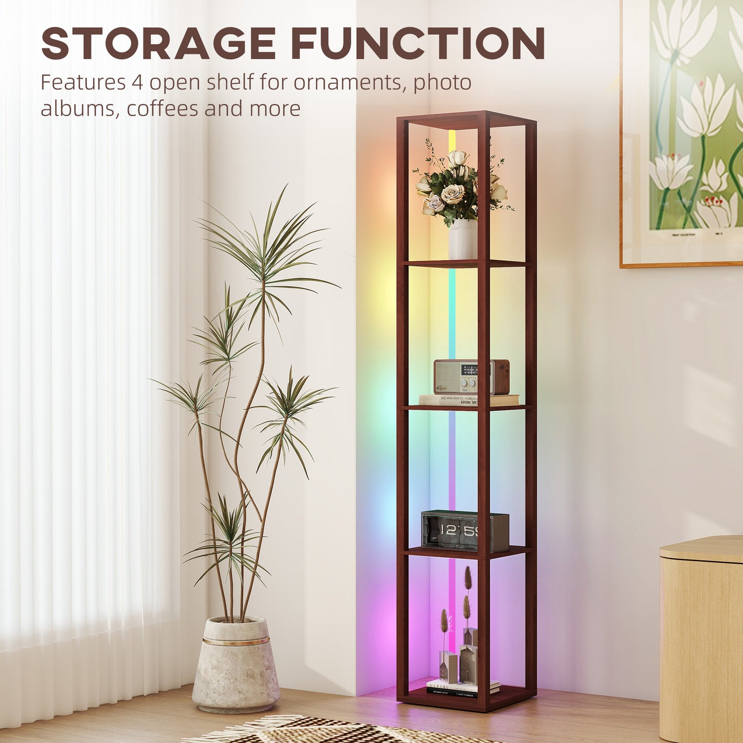 HOMCOM RGB LED Floor Lamp with Shelves Dimmable Standing Lamp Remote Control for Living Room Bedroom Office Brown