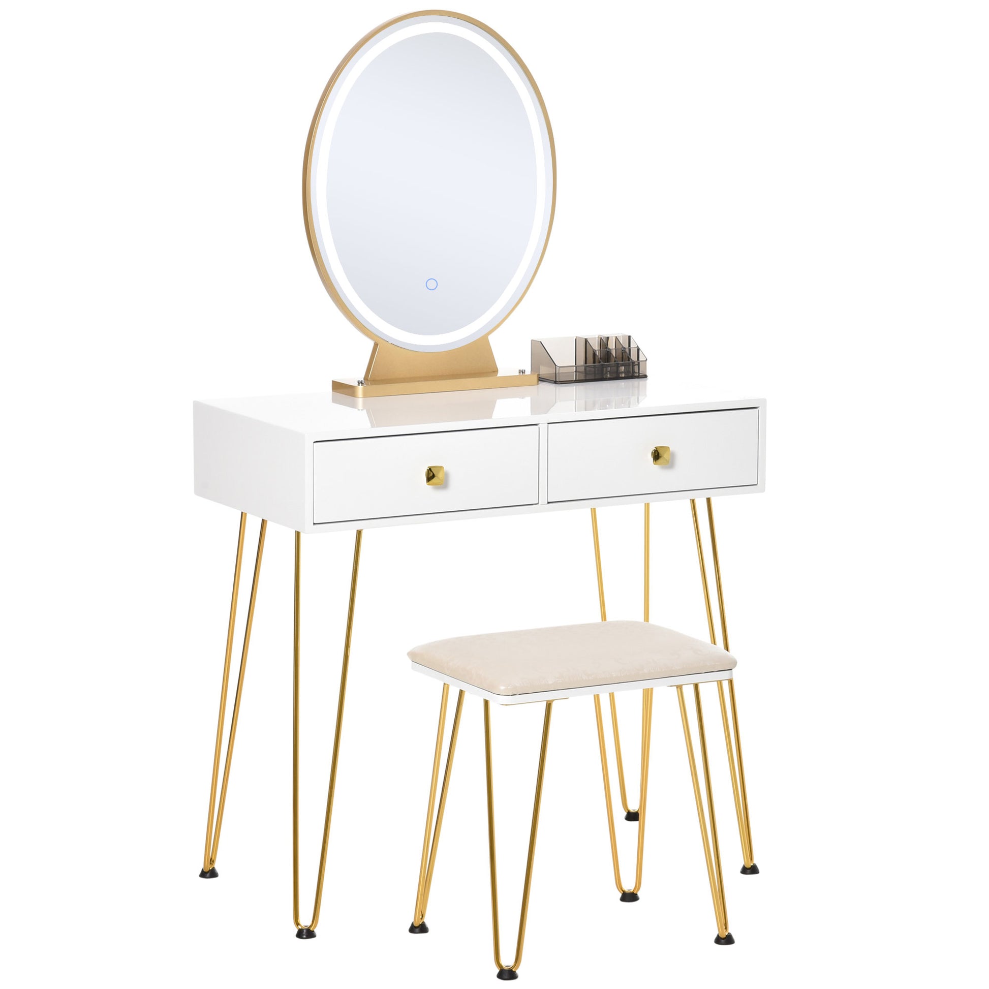 HOMCOM Dressing Table Set LED Light Round Mirror Vanity Makeup Table 2 Drawers Cushioned Stool Bedroom White - ALL4U RETAILER LTD