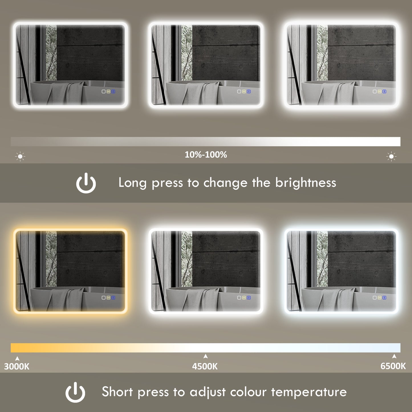 HOMCOM 80x60cm LED Bathroom Mirror With Bluetooth Demister Pad Adjustable Brightness Three Light Modes Silver Tone