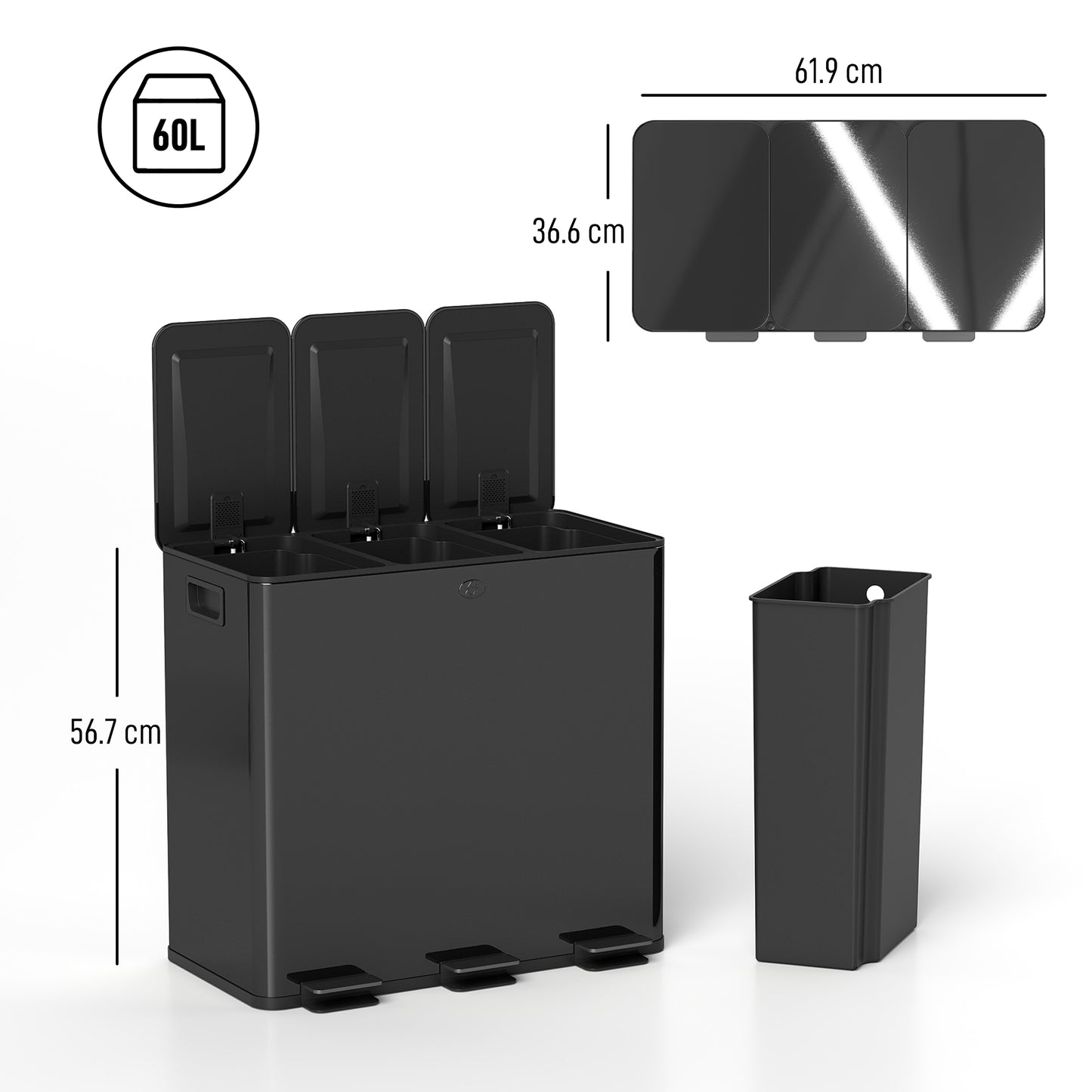 HOMCOM Three 20L Pedal Bin Stainless Steel Triple Kitchen Bin With Soft Close Lid Removable Inner Buckets Black