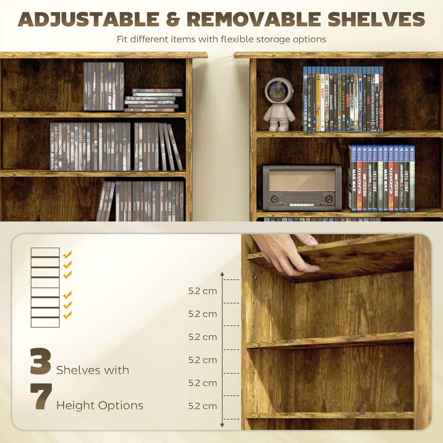 HOMCOM 360 CD DVD Blu Ray Storage Unit Rustic Brown With 8 Shelves 6 Adjustable Anti Tipping Wall Straps
