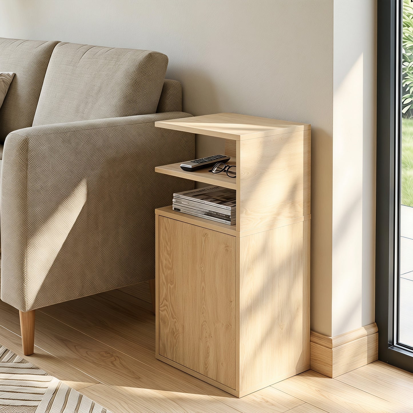 HOMCOM Slim Bedside Table Set Of 2 Narrow Cabinets With Open Cubbies And Cupboard In Oak Finish For Bedroom Living Room