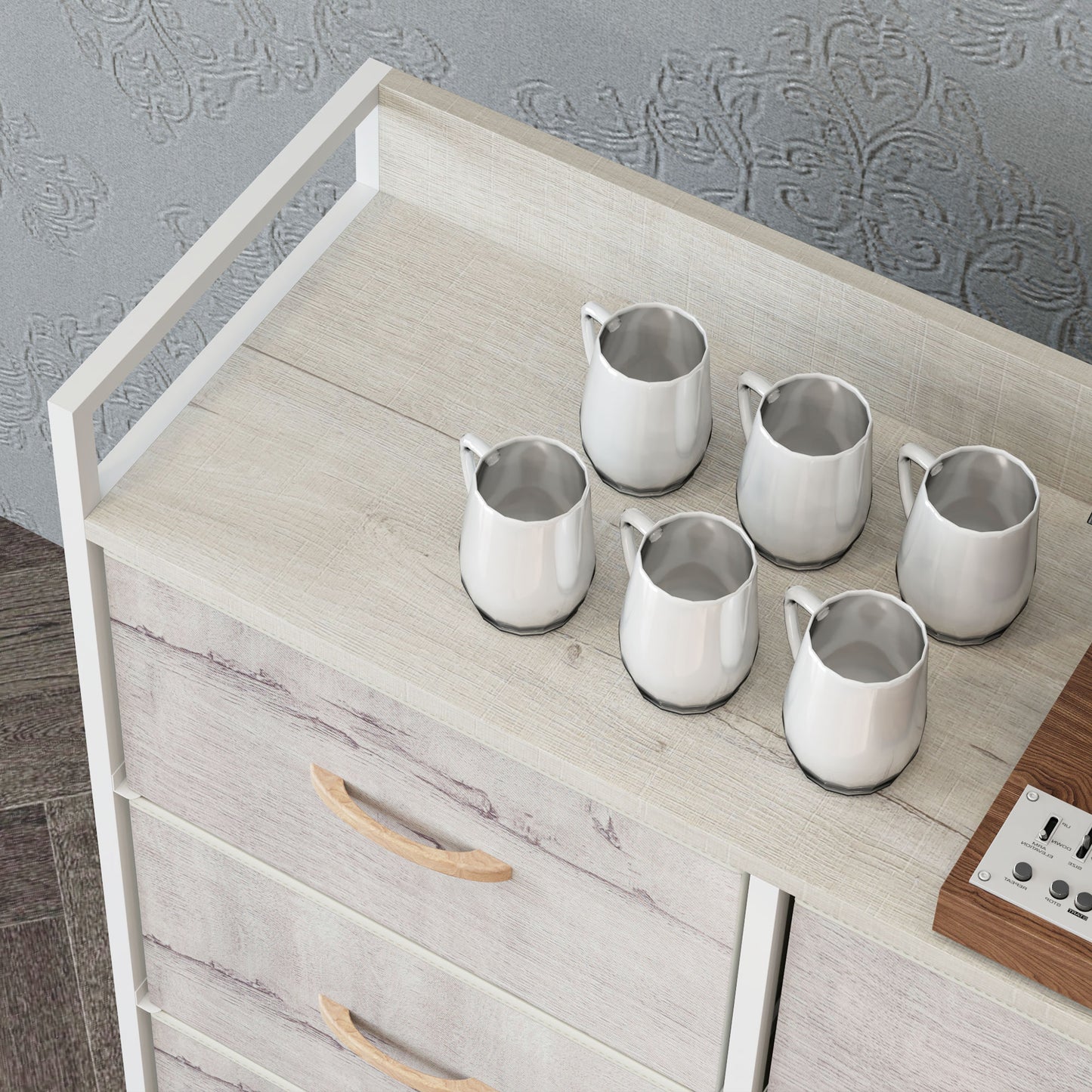 HOMCOM Rustic Six Fabric Drawer Chest Natural Finish For Bedroom Storage And Organization