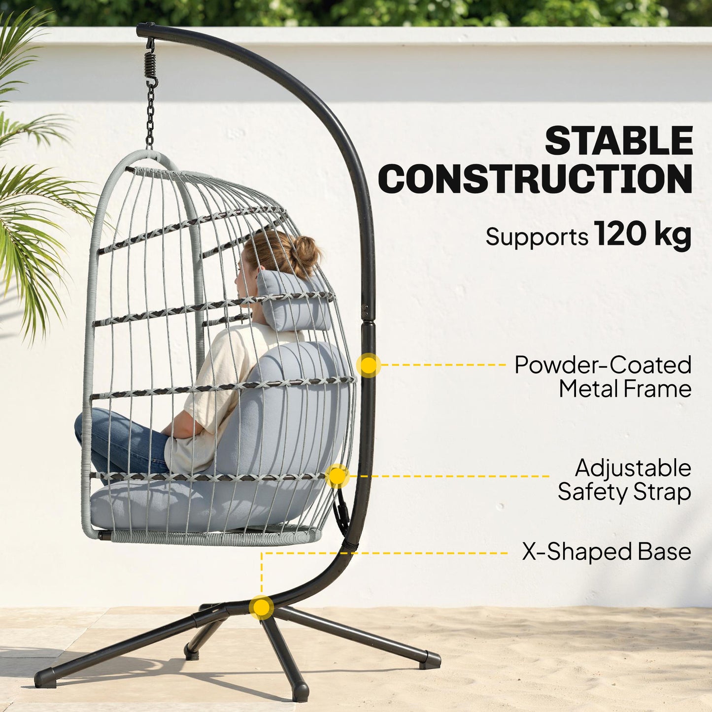 Outsunny Hanging Egg Chair With Stand Indoor Outdoor Hammock Swing Chair Safety Strap Foldable Basket Light Grey