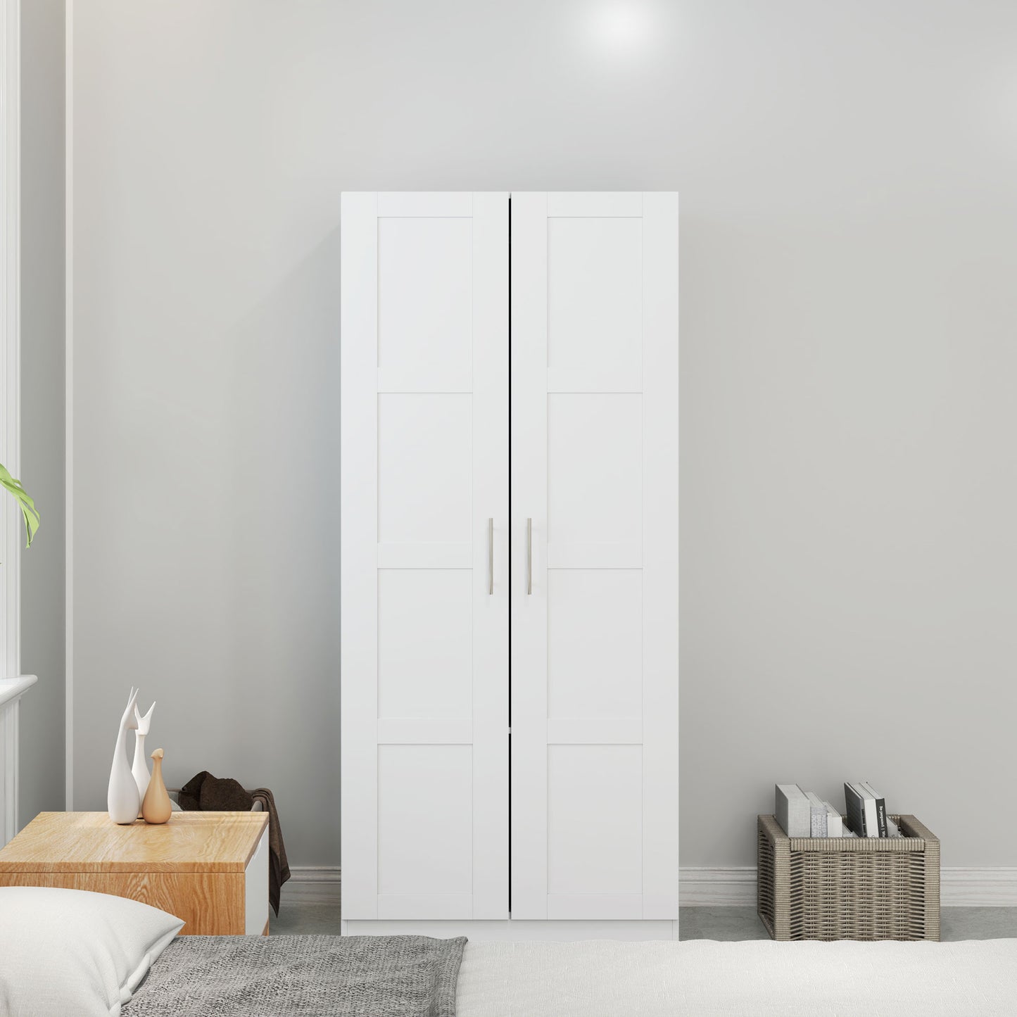HOMCOM White Double Paneled Door Wardrobe With Shelves Quiet Smooth Glide Doors Modern Storage Solution