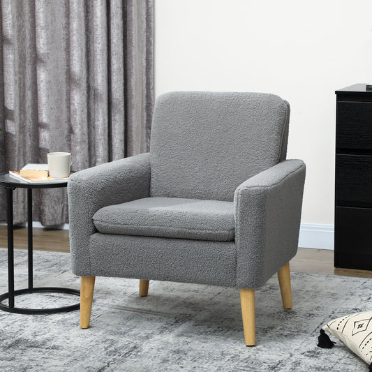 HOMCOM Teddy Fabric Armchair With Wood Legs Wide Padded Seat Upholstered Accent Chair In Grey