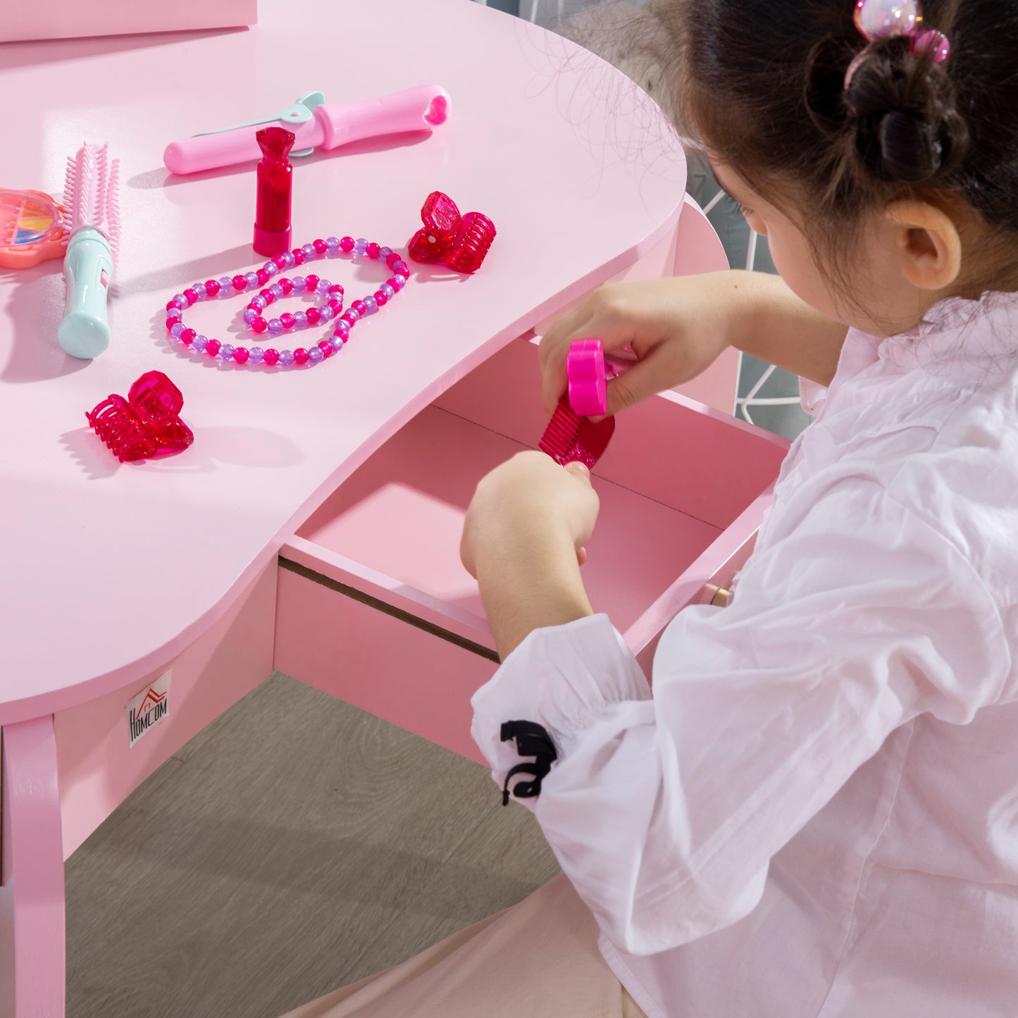 HOMCOM Princess-Themed Kids Vanity Set with Rotating Mirrors and Drawer, Pink Dressing Table and Stool for Girls - ALL4U RETAILER LTD