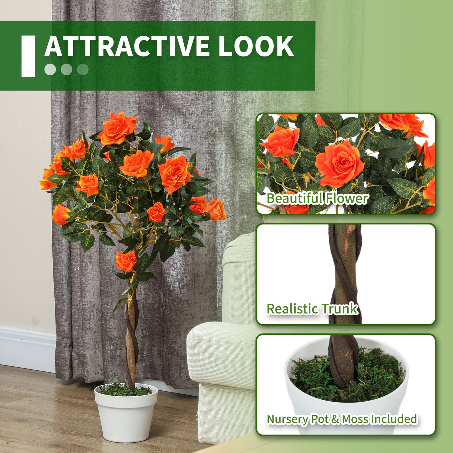 Outsunny Set Of 2 Artificial White Rose Plants In Pots Realistic Faux Indoor Decor 90cm Tall