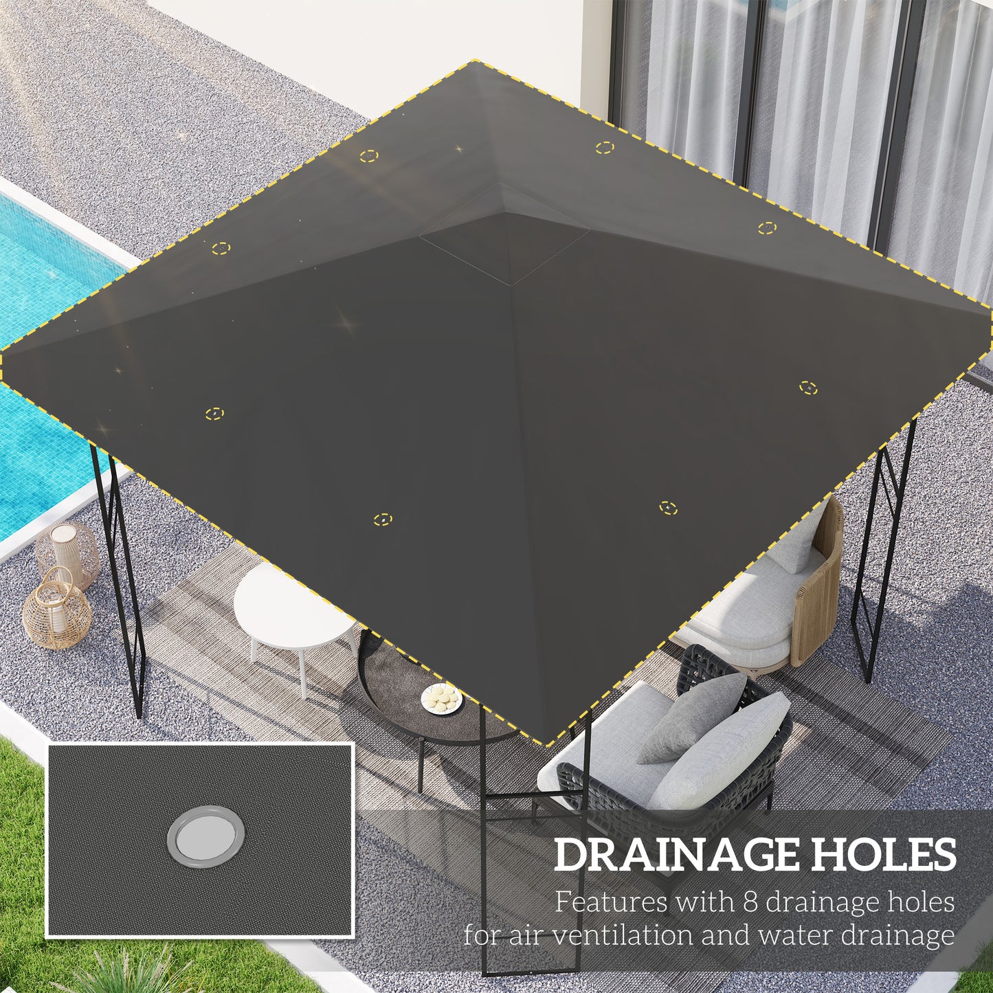 Outsunny 3 x 3m Gazebo Canopy Replacement Top Cover Only Grey With Drain Holes Water Resistant PVC Coating UPF30 Plus