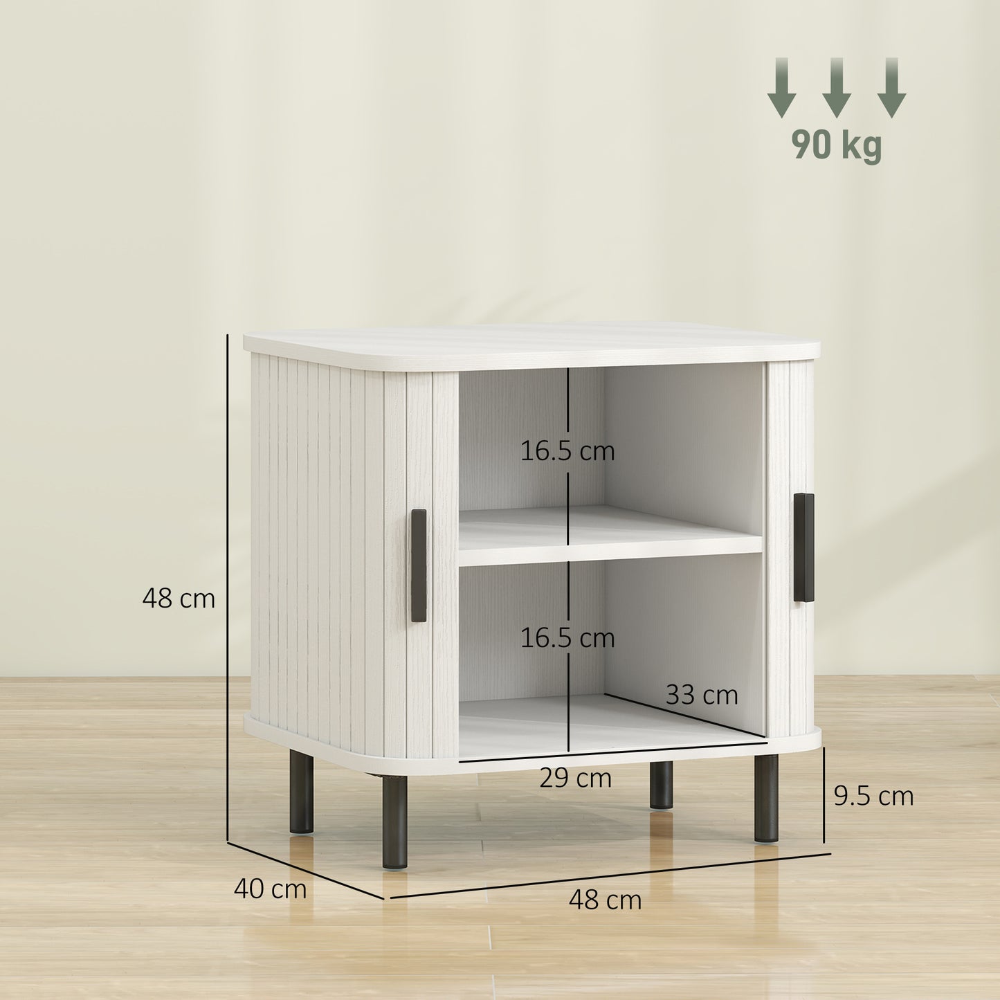 HOMCOM Nordic Design Nightstand With Sliding Doors And Metal Legs White Wood Effect