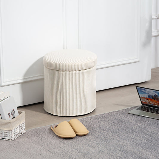 HOMCOM 40cm Round Storage Ottoman With Removable Lid And Legs In Corduroy Beige Vanity Stool And Storage Seat