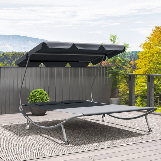 Outsunny Double Outdoor Bed With Adjustable Detachable Canopy Steel Frame And Wheels Light Grey