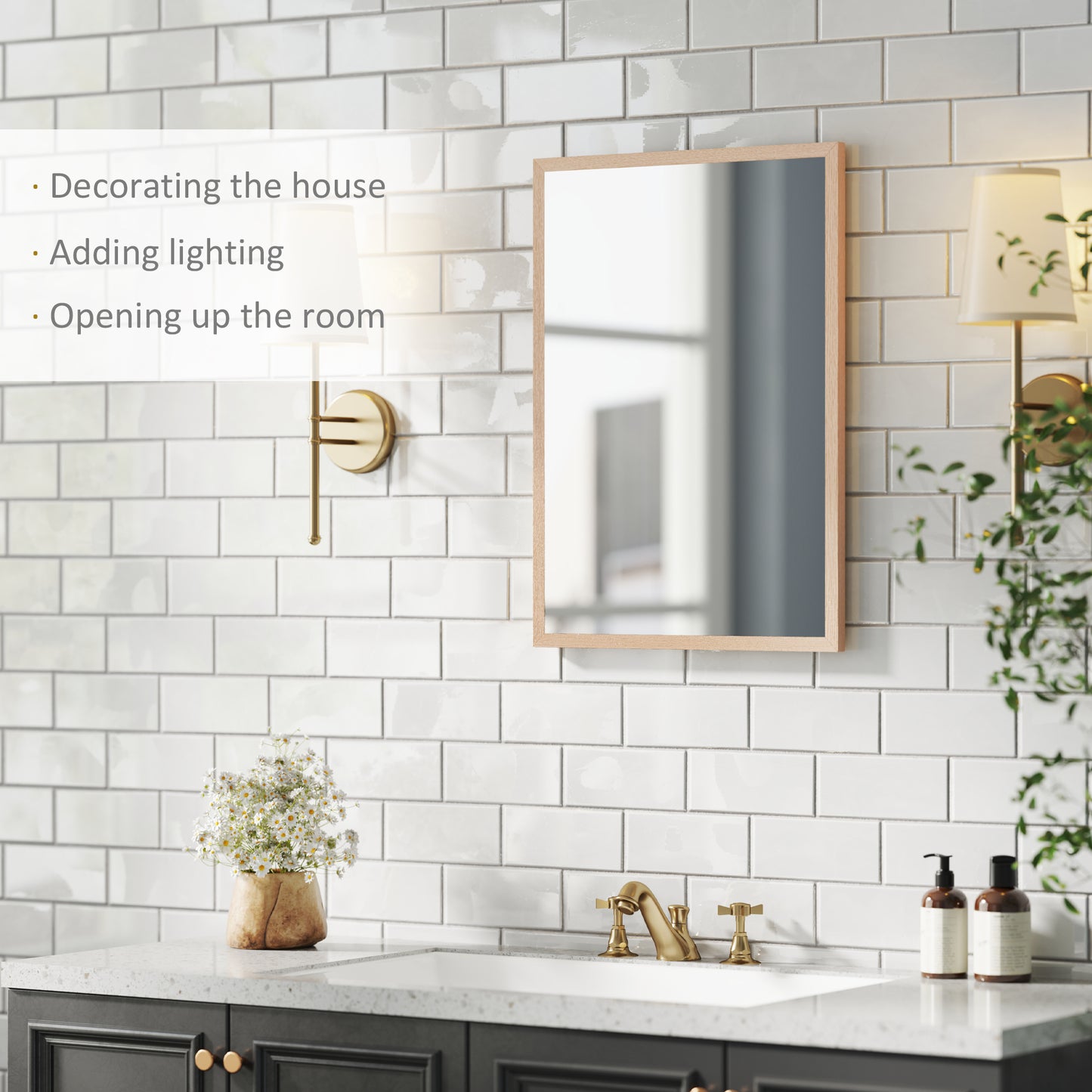 HOMCOM Wall Mounted Mirror 70 x 50 cm Natural Wood Frame For Bathroom Living Room Hallway