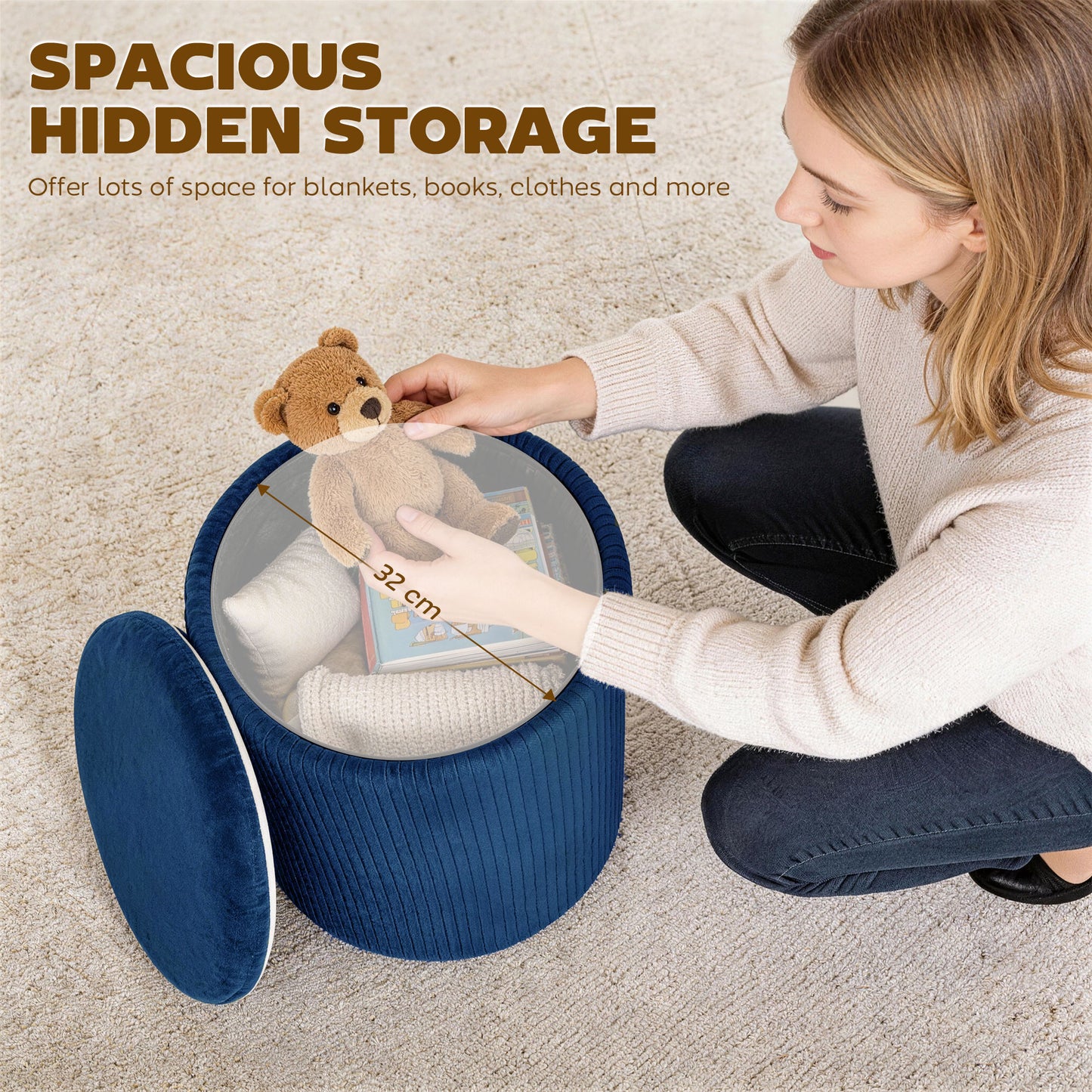 HOMCOM Velvet Round Storage Ottoman Footstool 45 cm Blue With Hidden 39.2 L Storage For Living Room Or Bedroom