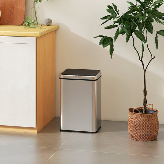 HOMCOM 40L Sensor Bin With Soft Close Lid Touchless Motion Sensor Kitchen Trash Can Fingerprint Resistant Silver Tone