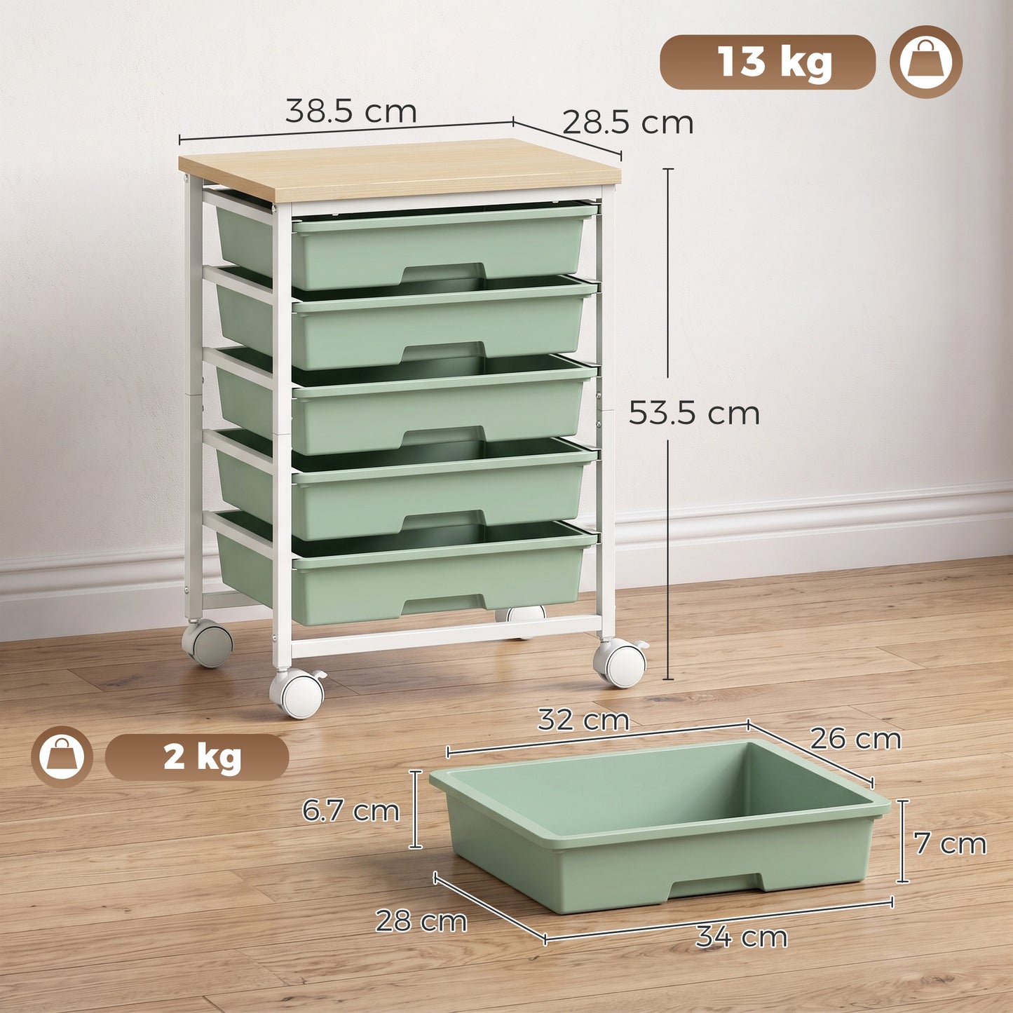 HOMCOM 6-Tier Kitchen Rolling Cart Green With 5 Drawers And Wheels