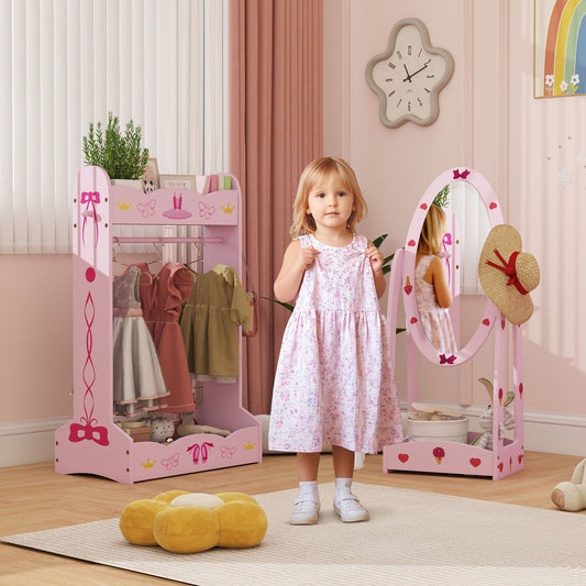 AIYAPLAY Two Piece Kids Clothes Rail and Dressing Mirror Set With 360 Degree Rotating Mirror and Storage Shelves Pink