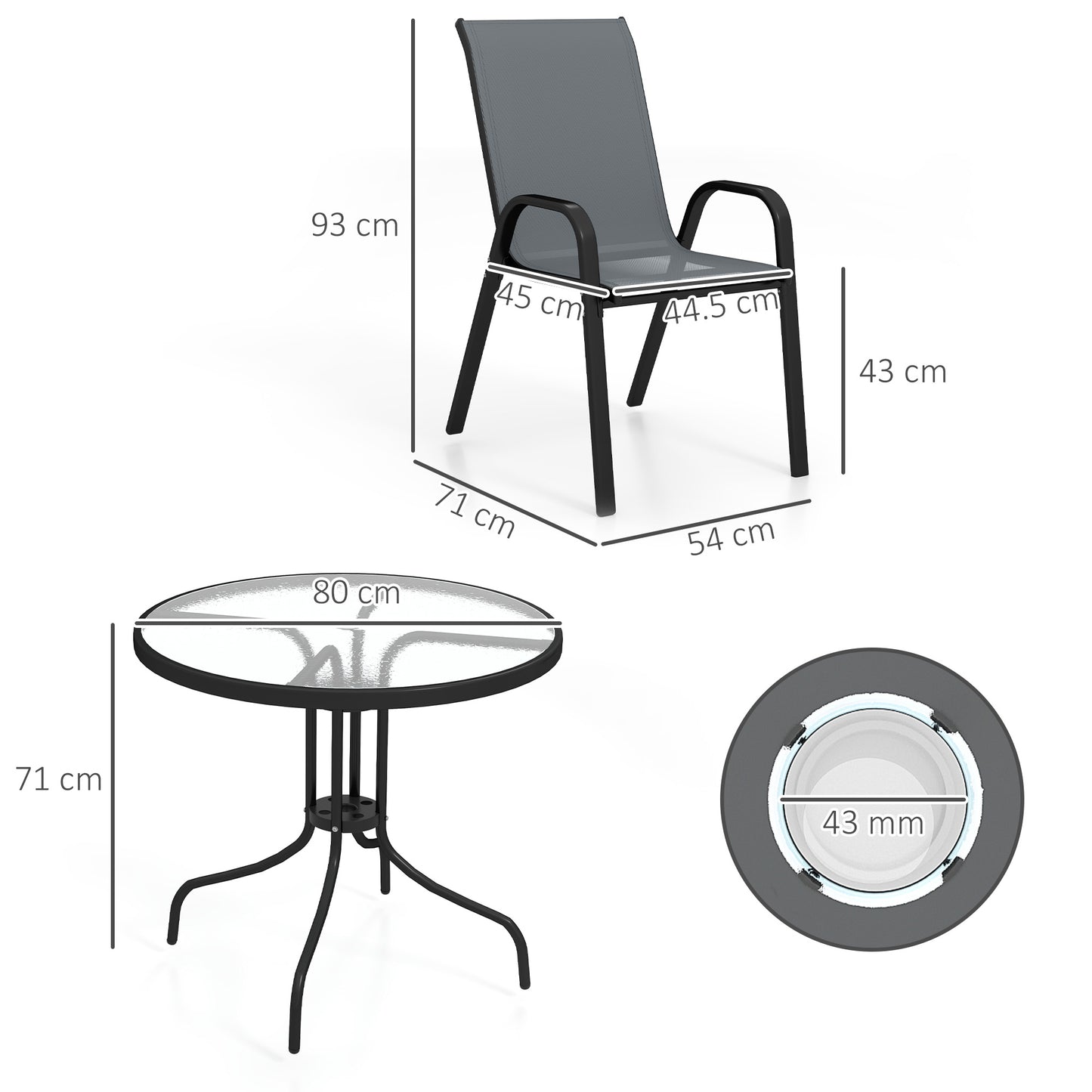 Outsunny Five-Piece Outdoor Steel Patio Set With Round Glass-Top Table And Four Stackable Chairs In Dark Grey