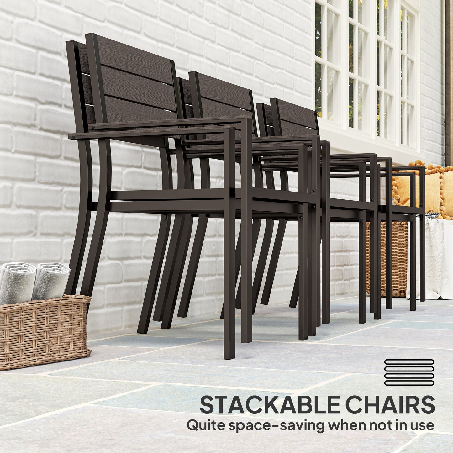 Outsunny Seven Piece Outdoor Dining Set With Six Stackable Chairs Brown For Patio And Garden Slatted Plastic Table