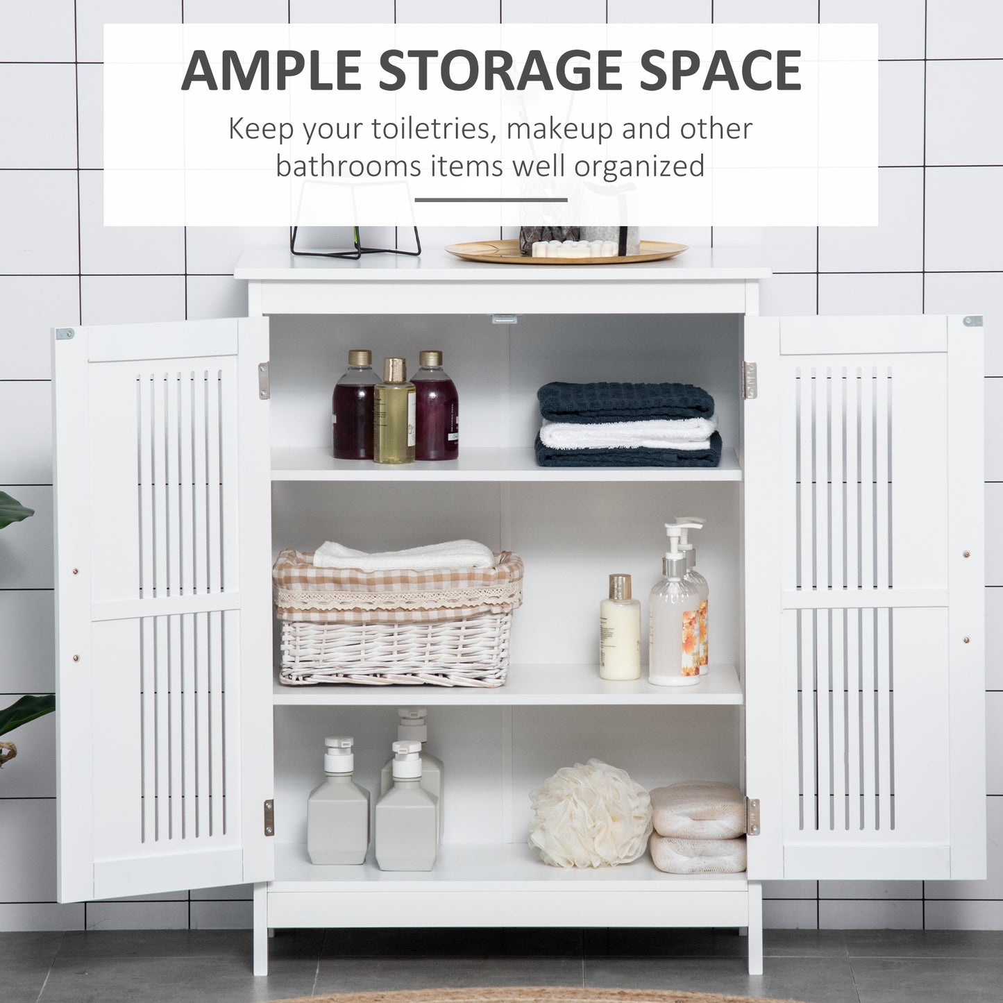 White bathroom storage cabinet with shelves, towels, toiletries, and organizer baskets