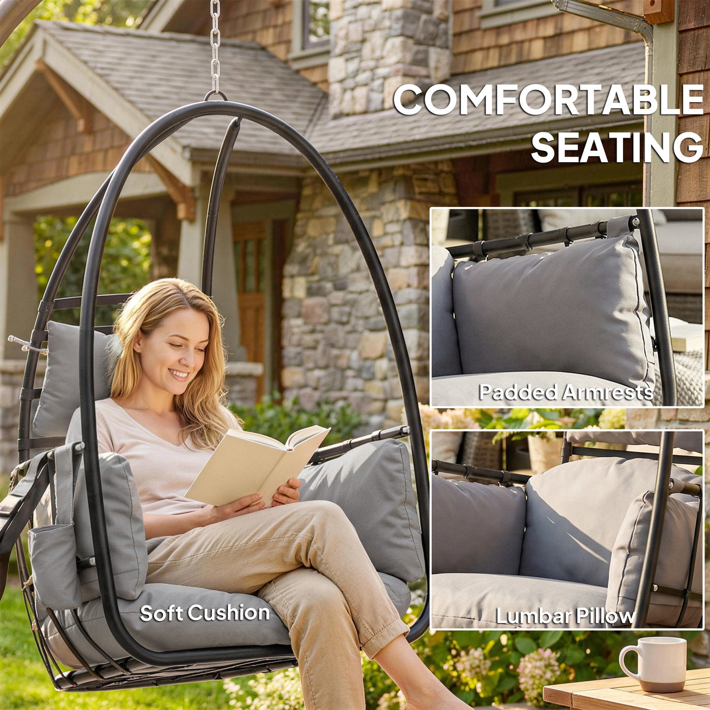 Outsunny Hanging Egg Chair With Stand For Indoor And Outdoor Use, Foldable Basket, Side Pocket, Dark Grey