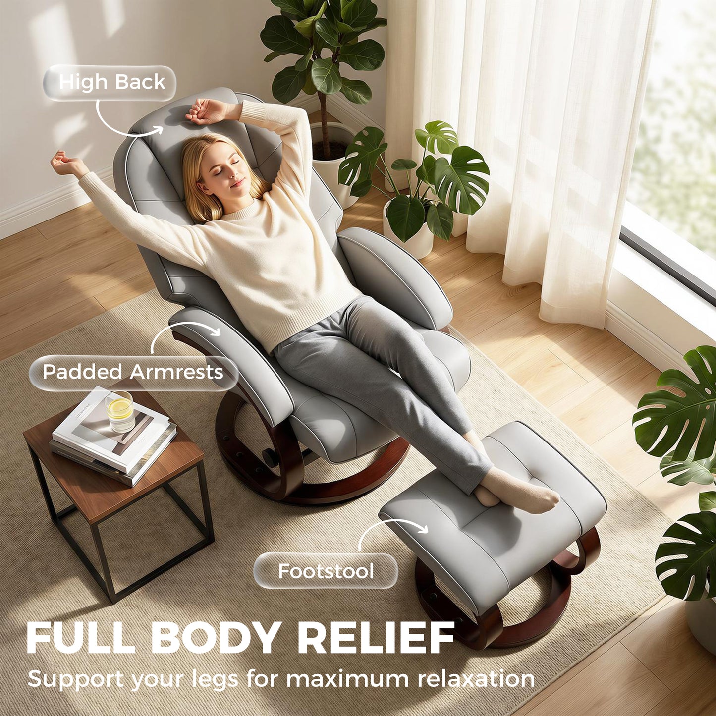 HOMCOM Swivel Recliner Chair With Footstool In PU Leather Adjustable Back Wood Frame Grey