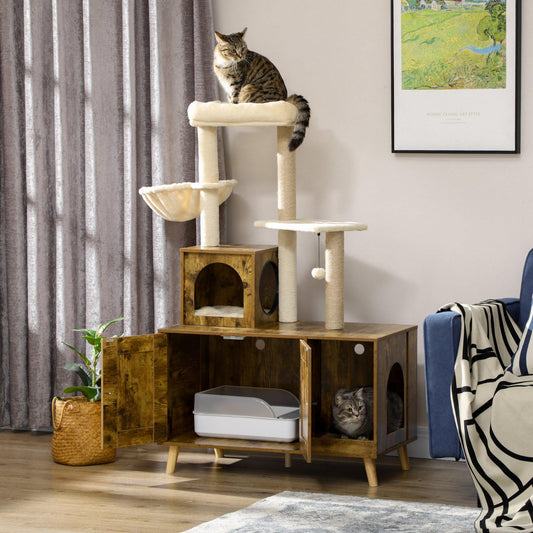 PawHut Rustic Brown Cat Litter Box Enclosure with Tree Tower, Cat House, Hammock - ALL4U RETAILER LTD
