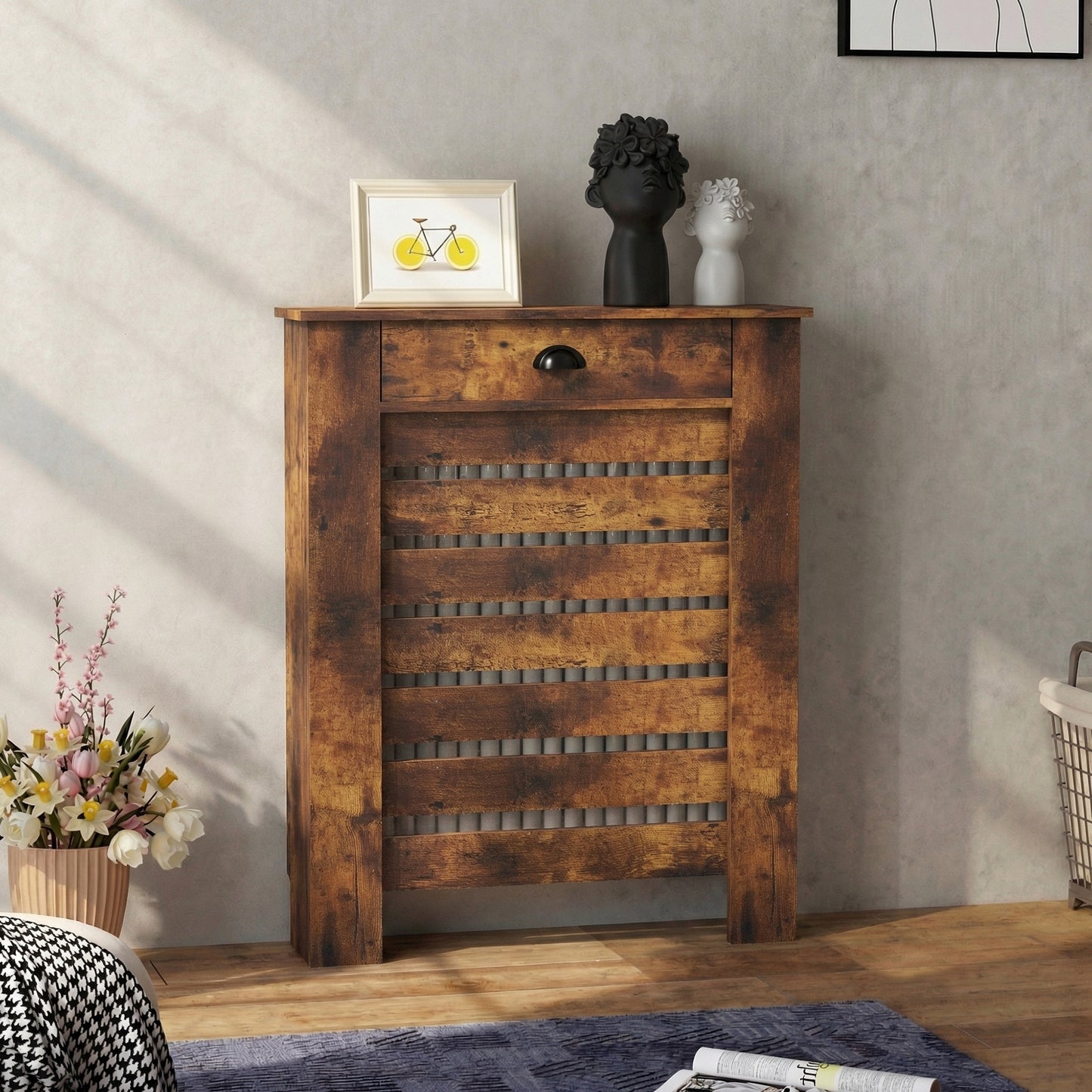HOMCOM Slim Radiator Cover with Drawer Rustic Brown Slatted MDF and Particle Board