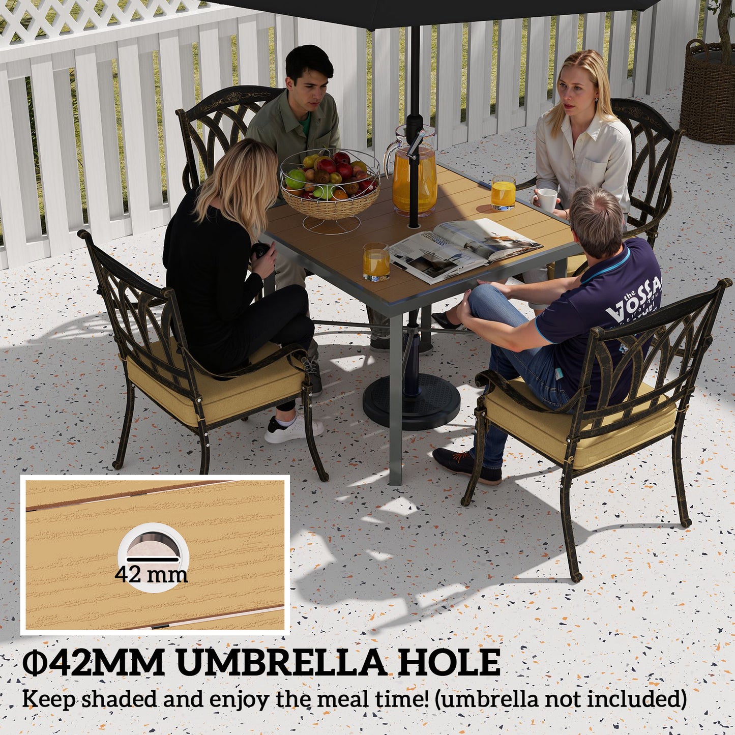 Outsunny 90 cm Outdoor Dining Table For 4 With Umbrella Hole Wood Effect Top Rust Resistant Steel Frame Patio