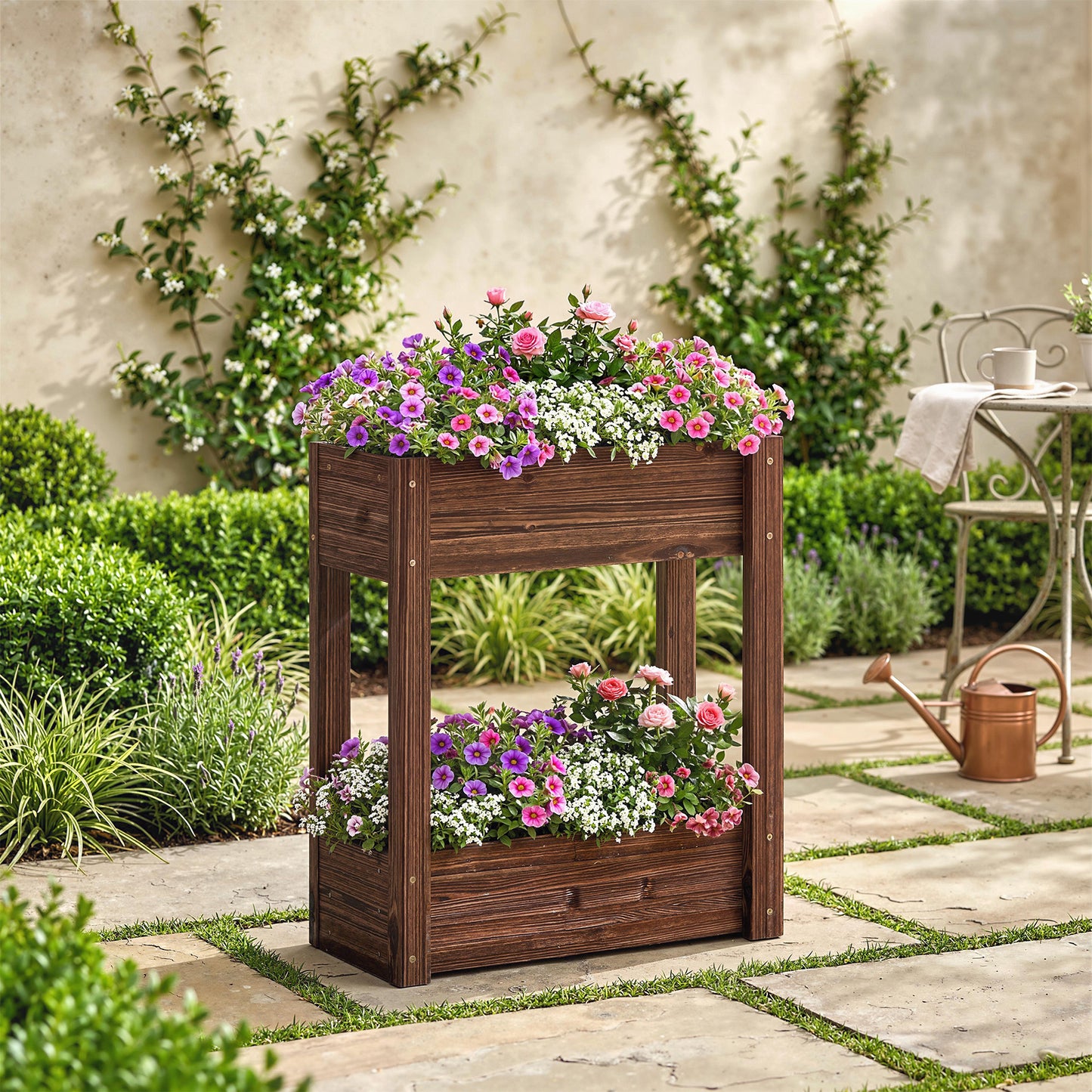 Outsunny 2 Tier Wooden Raised Planter Bed On Legs With Drainage Holes And Bed Liner Elevated Garden Planter