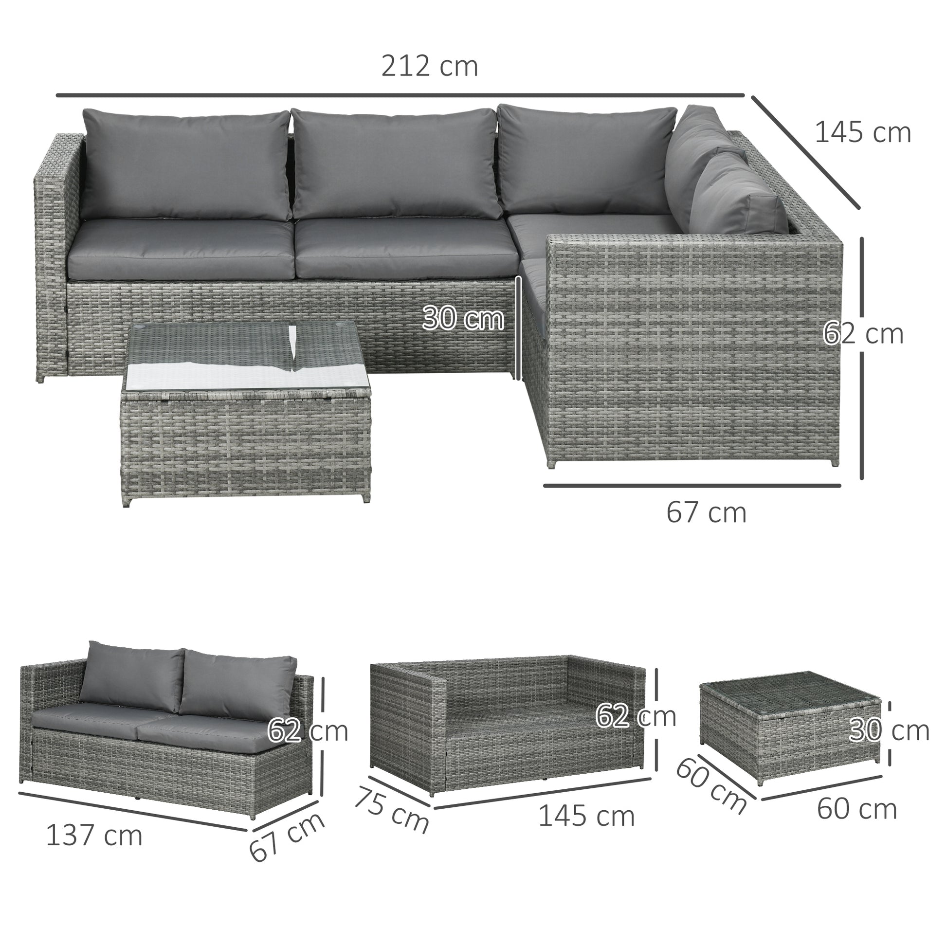 Outsunny 4-Piece Rattan Outdoor Patio Sofa Set with Cushions and Coffee Table - Grey - ALL4U RETAILER LTD