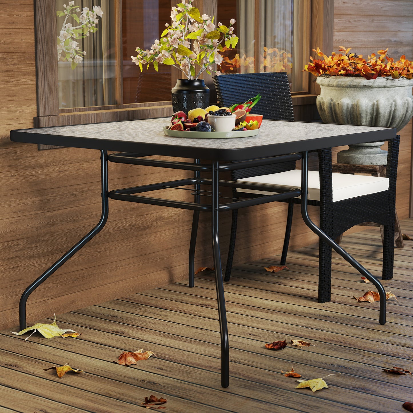 Outsunny Square Garden Dining Table With Tempered Glass Top And Umbrella Hole 100 X 100 Cm