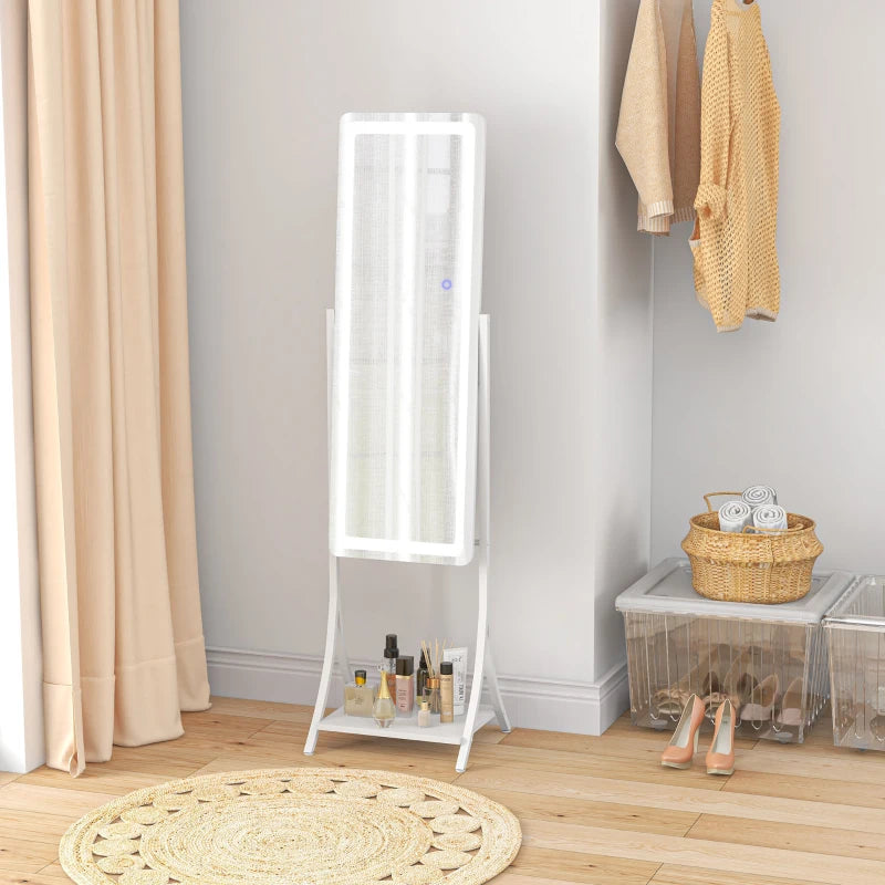 HOMCOM Free Standing Dressing Mirror with LED Lights, Full Length Mirror featuring 3 Temperature Colours and Convenient Storage Shelf - ALL4U RETAILER LTD