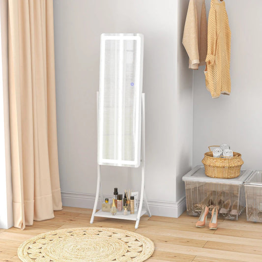 HOMCOM Free Standing Dressing Mirror with LED Lights, Full Length Mirror featuring 3 Temperature Colours and Convenient Storage Shelf