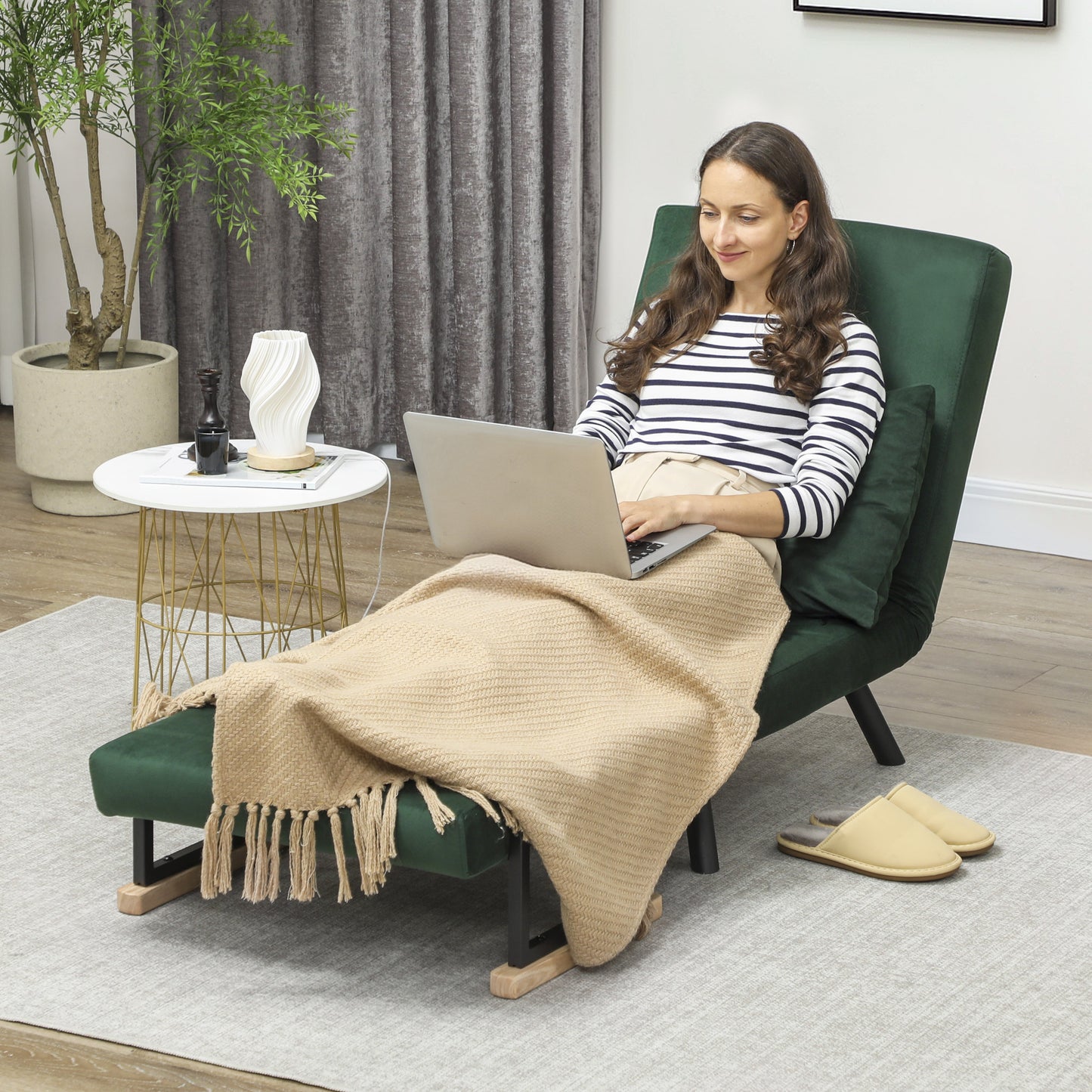 HOMCOM 4-In-1 Velvet-Feel Single Chair Bed With Pillow Green Portable Folding Sofa Bed