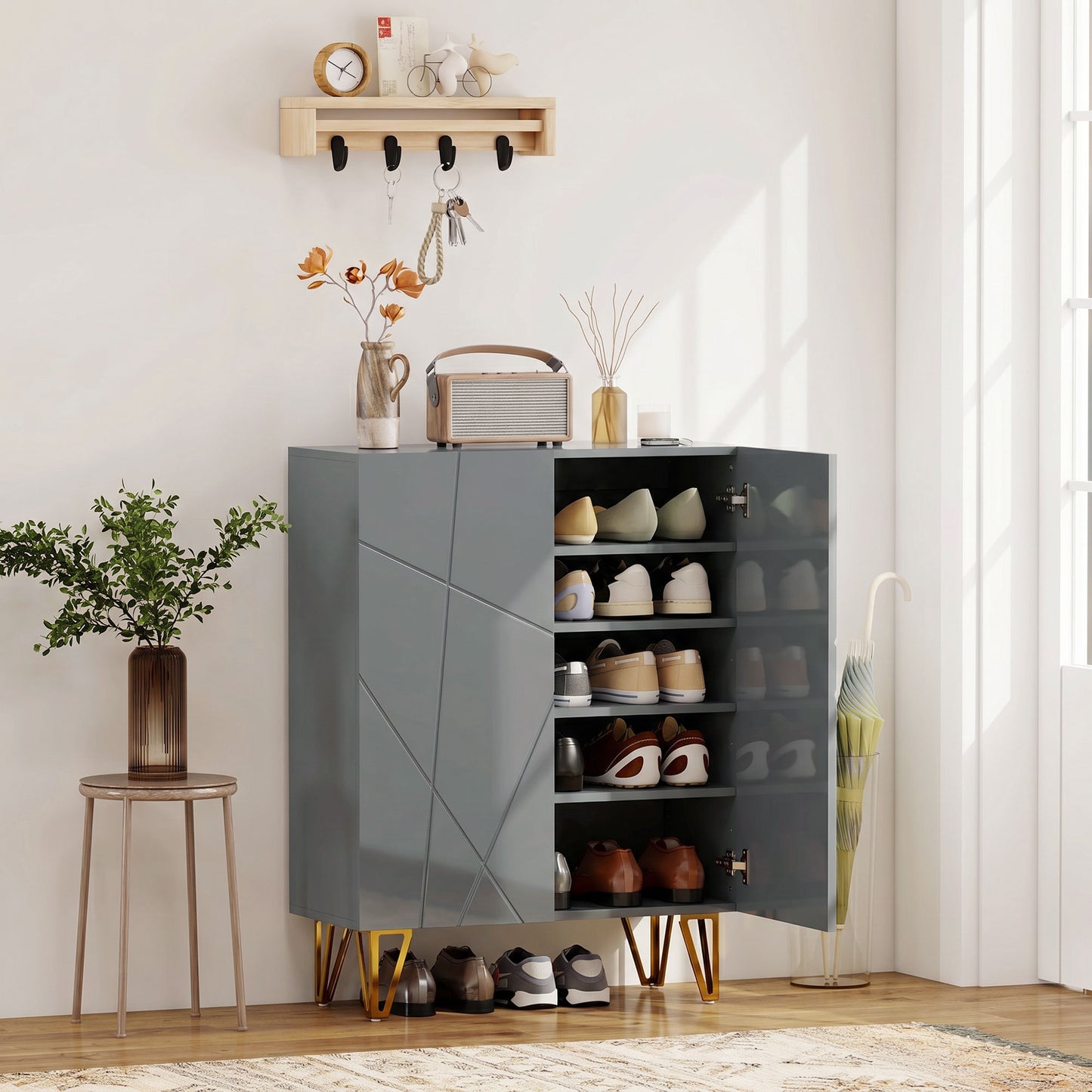 HOMCOM Narrow Shoe Storage Cabinet With Soft Close Hinges And Adjustable Shelves For 15 To 20 Pairs Of Shoes Grey