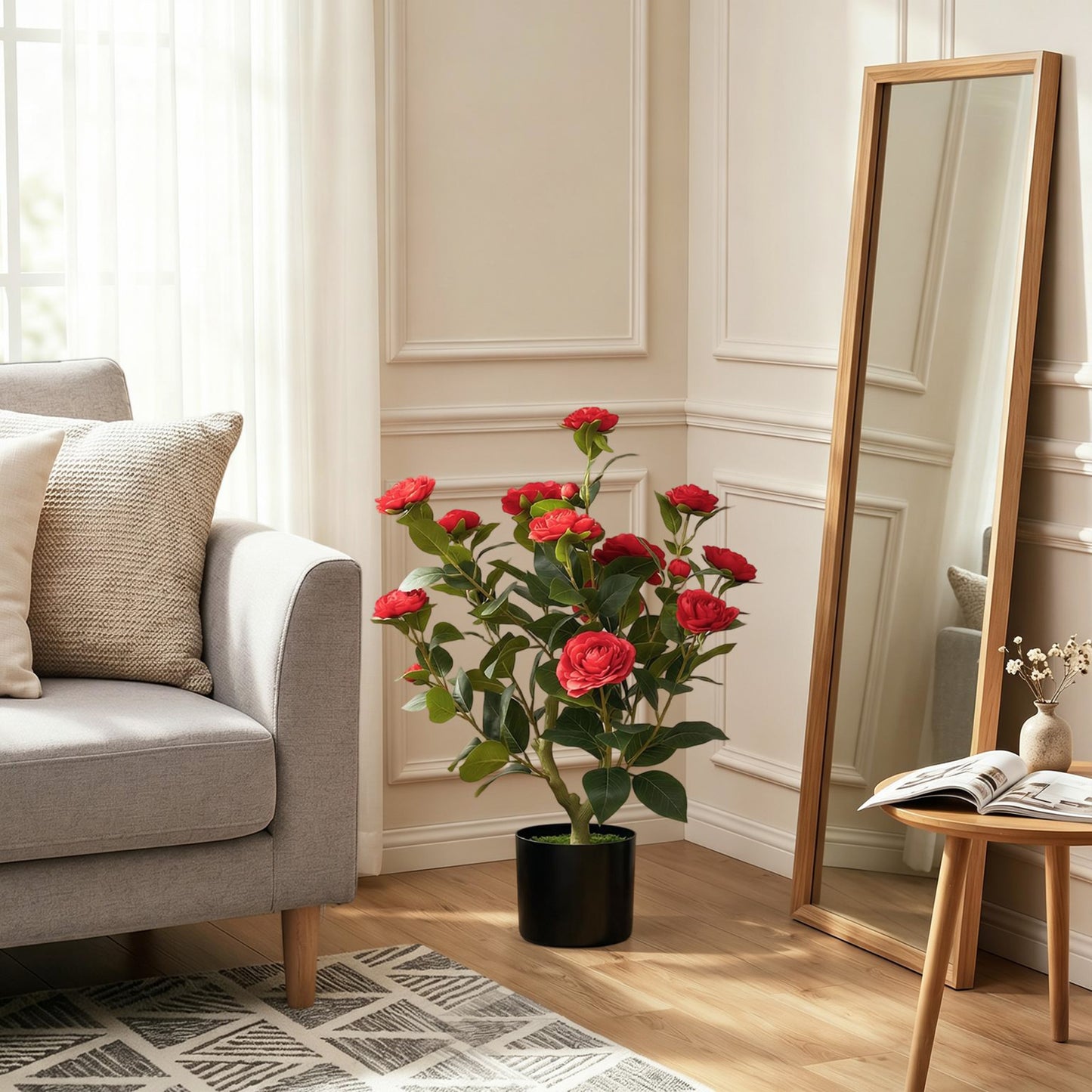 HOMCOM 65cm Artificial Camellia Flower Plant In Pot With 116 Lush Leaves And Moss Effect Red Silk Blossoms Weighted Base