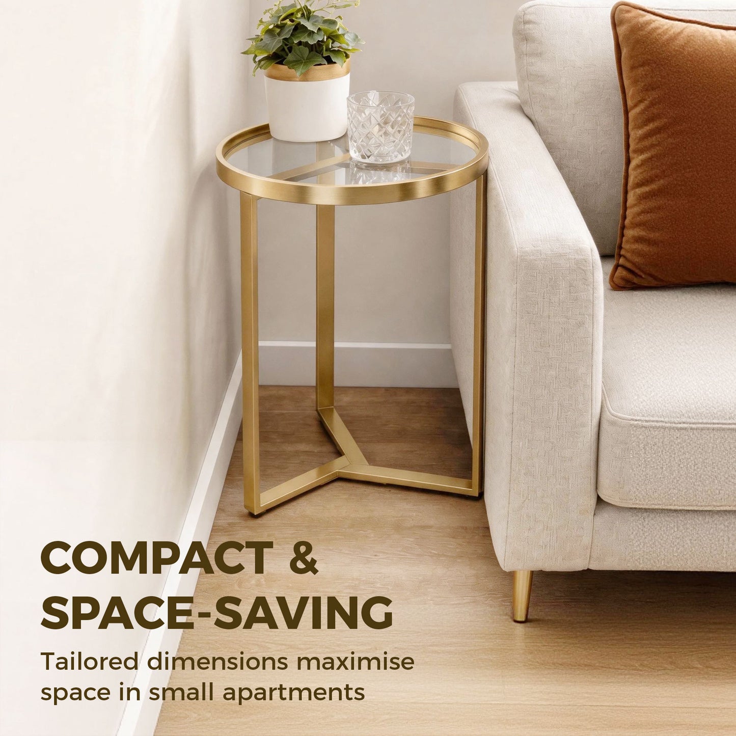 HOMCOM Round Glass Side Table With Tempered Glass Top And Geometric Metal Frame For Small Space Gold Tone