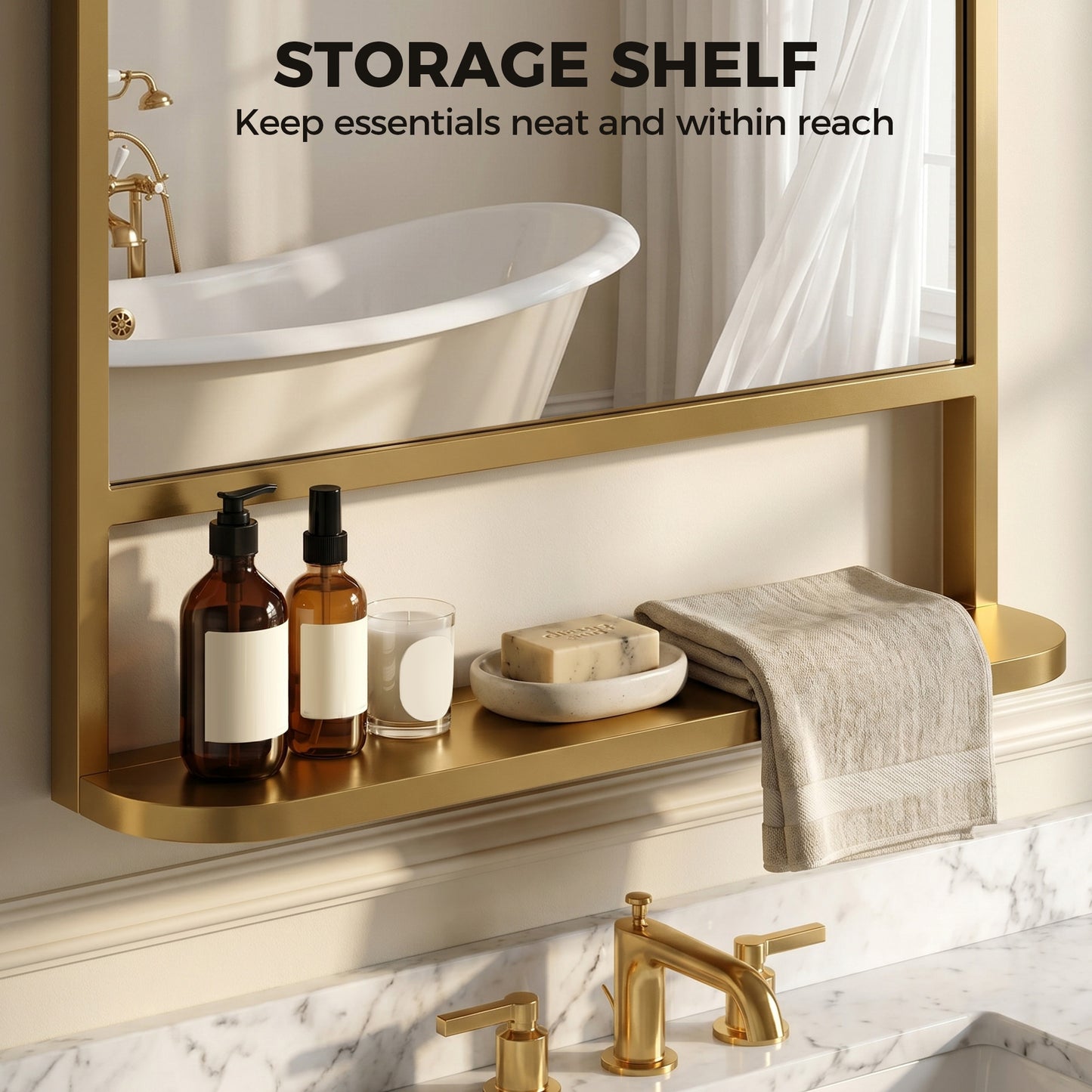HOMCOM Modern Rectangular Wall Mirror With Storage Shelf Gold Tone Frame 70 X 50 Cm