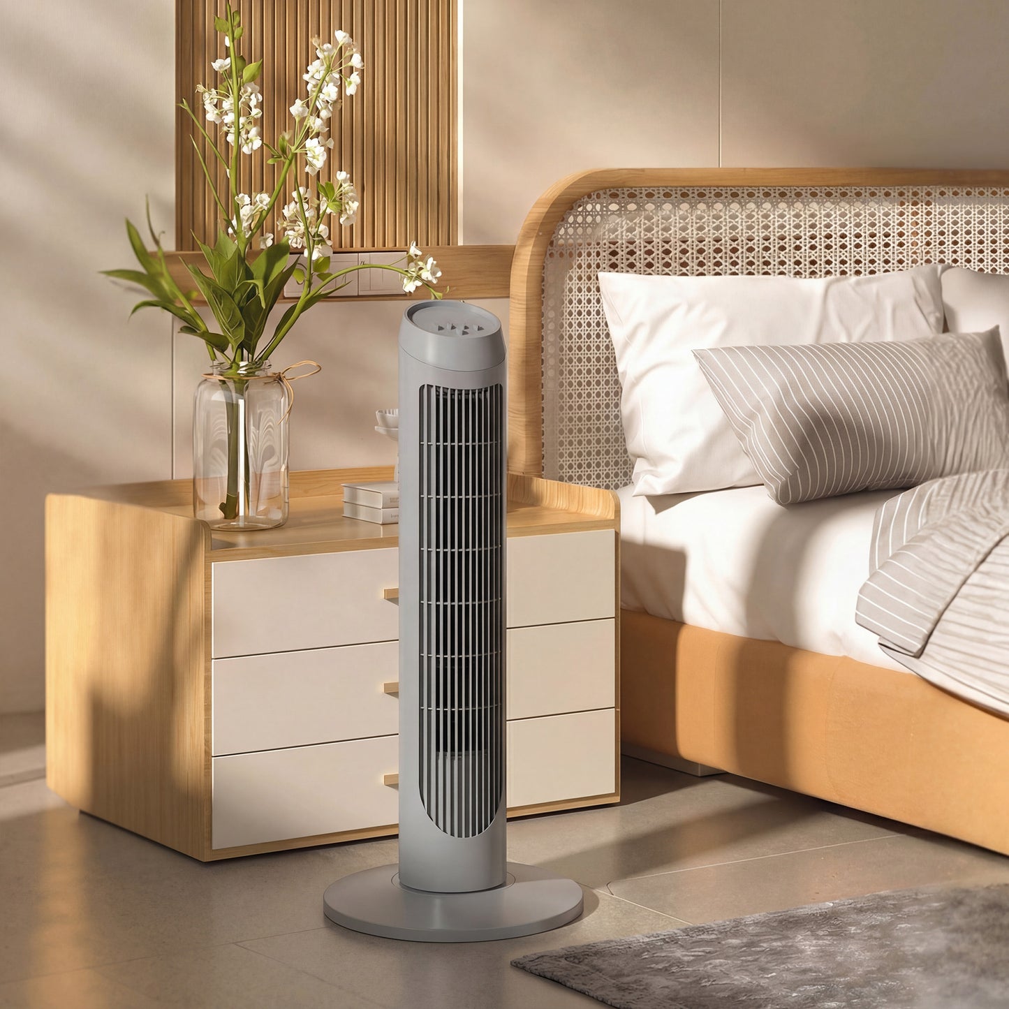 HOMCOM Tower Fan 75 cm for Bedroom Cooling, 70 Degree Oscillating, 3 Speed Settings, Standing Floor Fan Grey