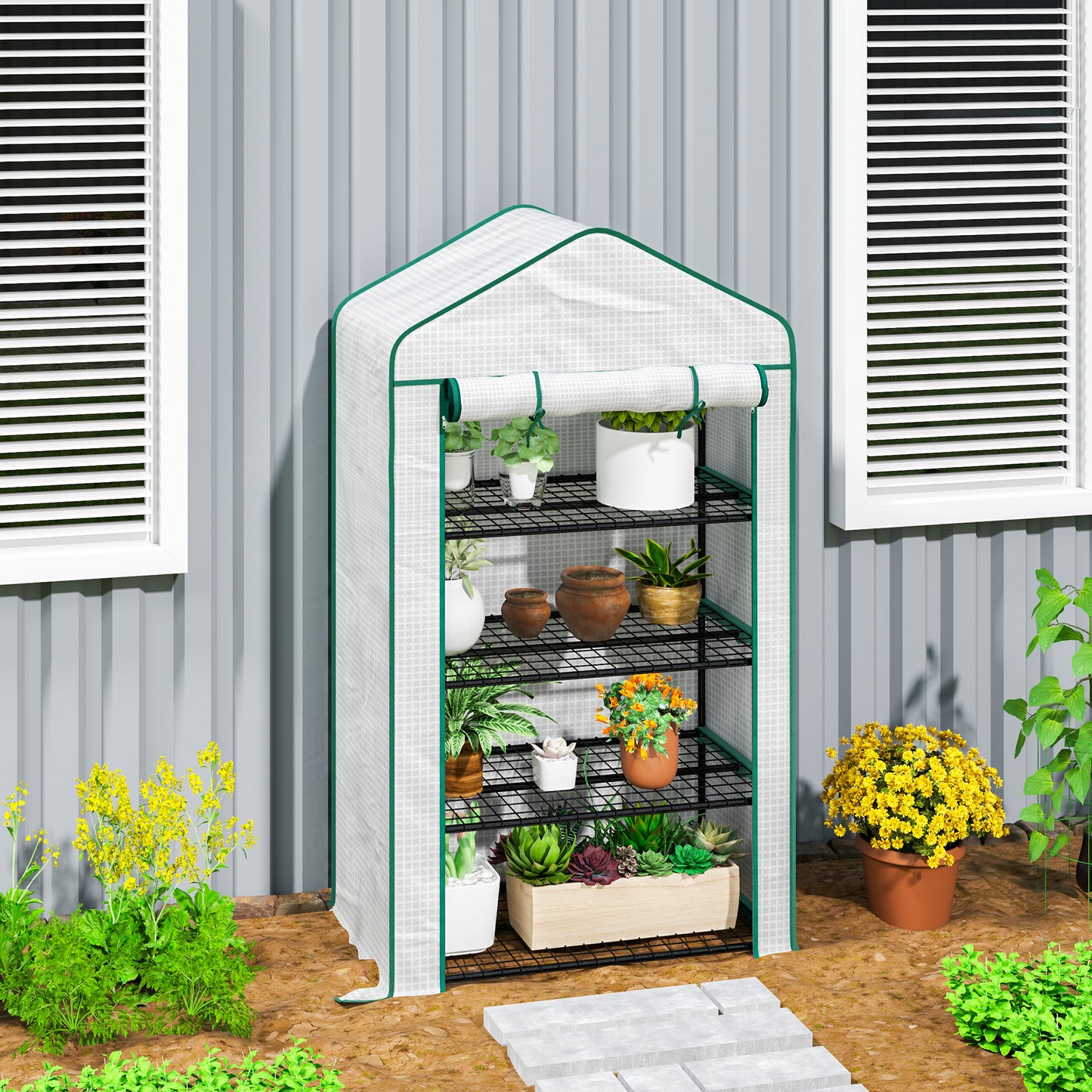 Outsunny Four Tier Mini Portable Greenhouse With Reinforced Plastic Cover For Indoor Windowsill Gardening