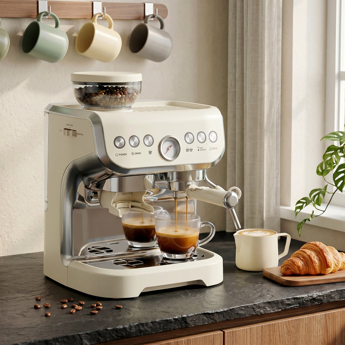 HOMCOM Bean To Cup Coffee Machine With Integrated Grinder And Steam Wand Cream White