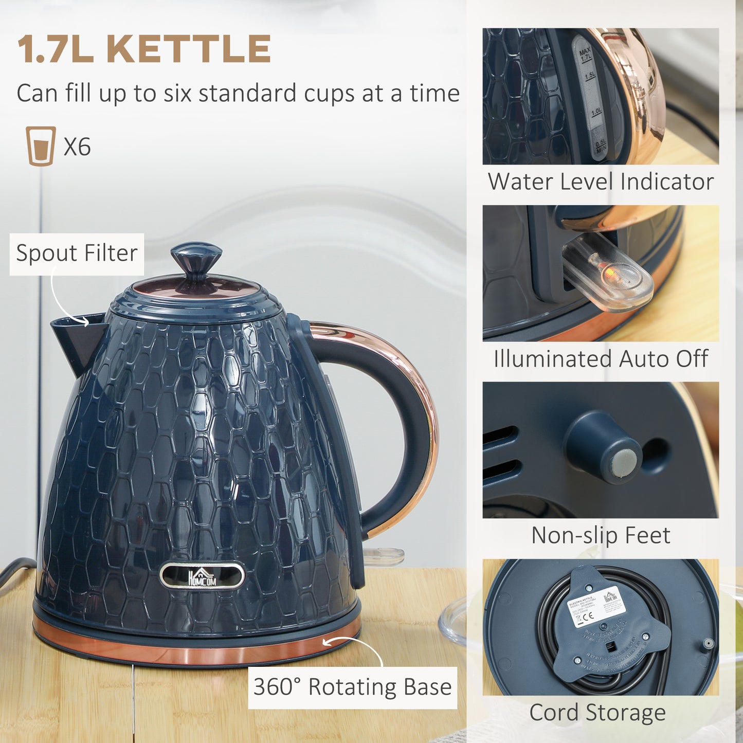HOMCOM 1.7L 3000W Fast Boil Kettle And 2 Slice Toaster Set With Auto Shut Off And Browning Controls In Blue