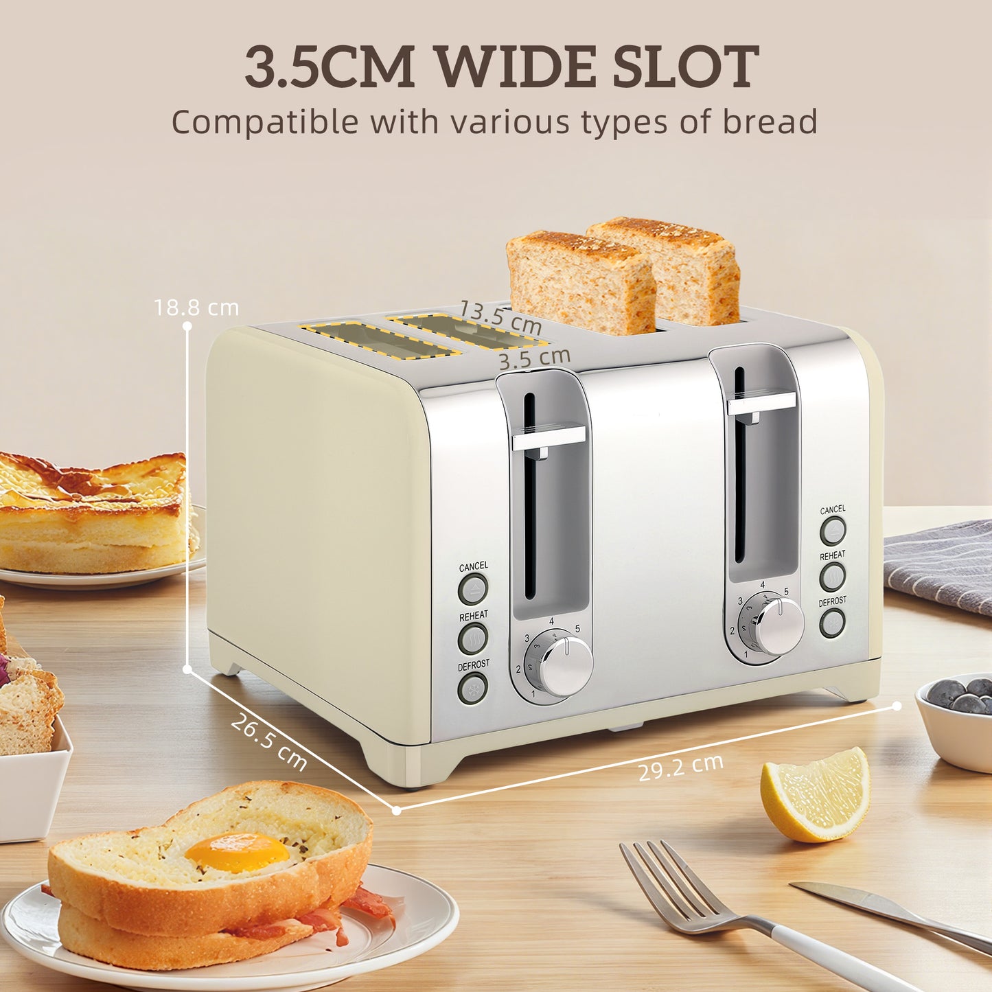HOMCOM Retro 3000W Kettle And Toaster Set Cream Vintage Style Kitchen Appliances