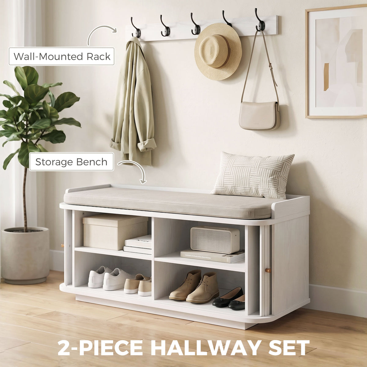HOMCOM Hallway Storage Bench With Shoe Cabinet, Coat Rack And 5 Hooks White